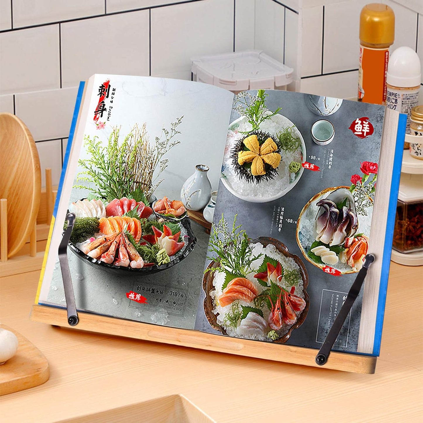 wishacc Bamboo Book Stand for Reading, 13.2" x 9.2" Premium Wooden Cookbook Holder and Recipe Stand for Kitchen