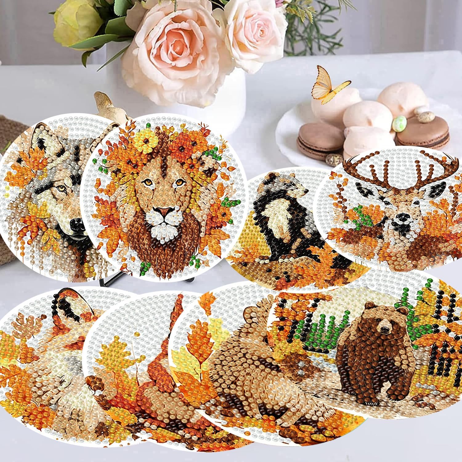 Holder Cork / Diamond Painting Coasters / Fall Animals / Set of 8