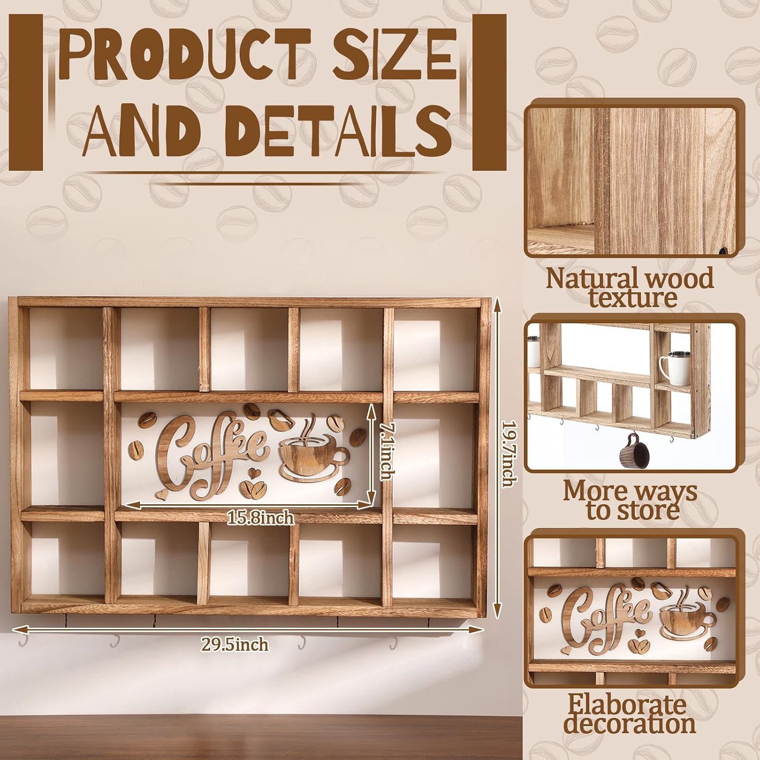 Cinnvoice Oversize Coffee Mug Display Shelf for Wall, Brown | Wood Coffee Mug Rack, Wall Mounted Shelf, Cubes Cup Hooks