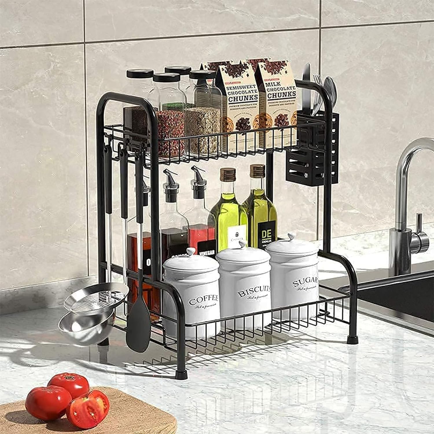 2 Tier Bathroom Countertop Organizer with Toiletries Basket for Vanity | Tool-free no-screw design.Sturdy black
