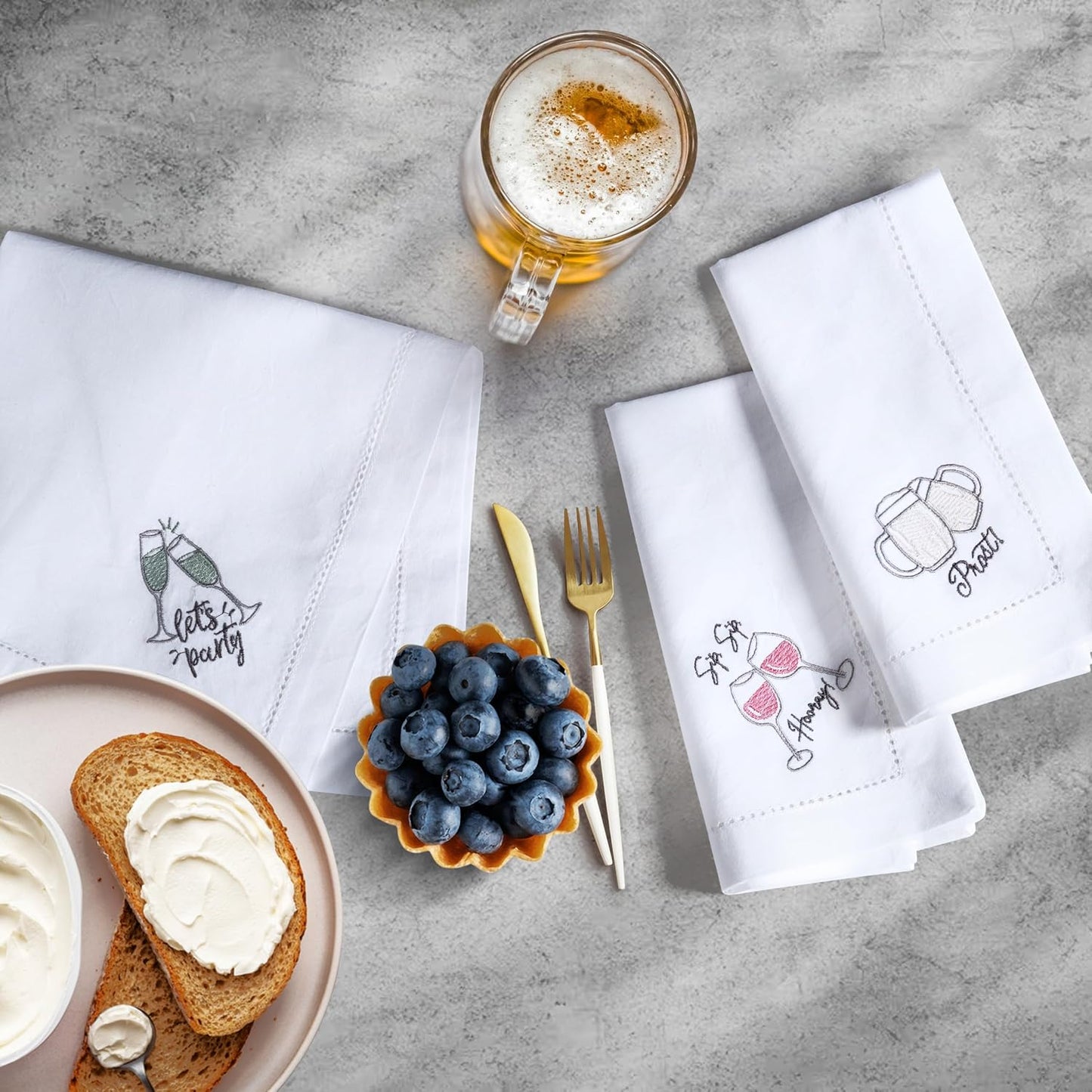 Bedding Craft Cotton Cloth Dinner Napkins Set of 12 – 18x18 Embroidered Motif with Decorative Hemstitch – Machine