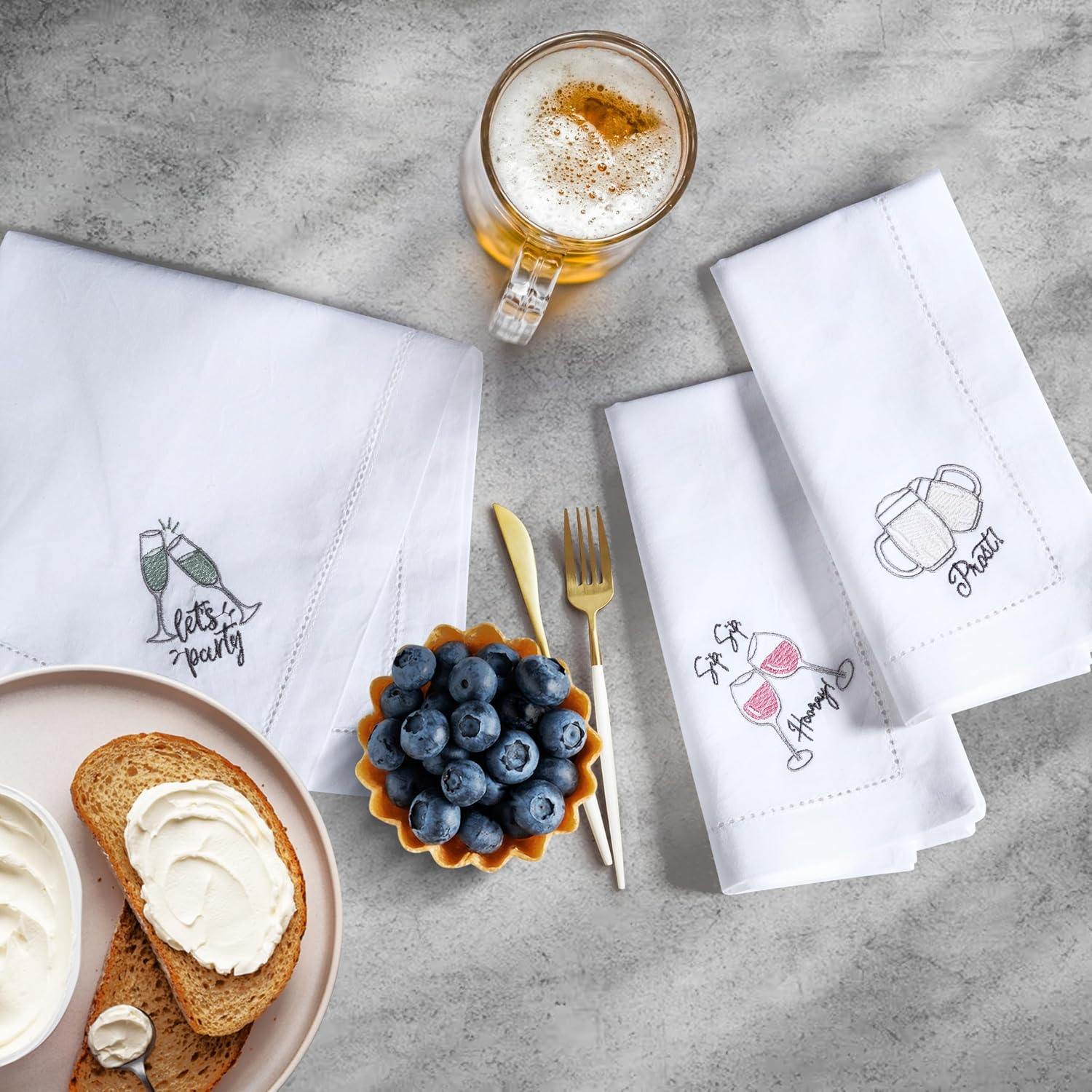 Bedding Craft Cotton Cloth Dinner Napkins Set of 12 – 18x18 Embroidered Motif with Decorative Hemstitch – Machine