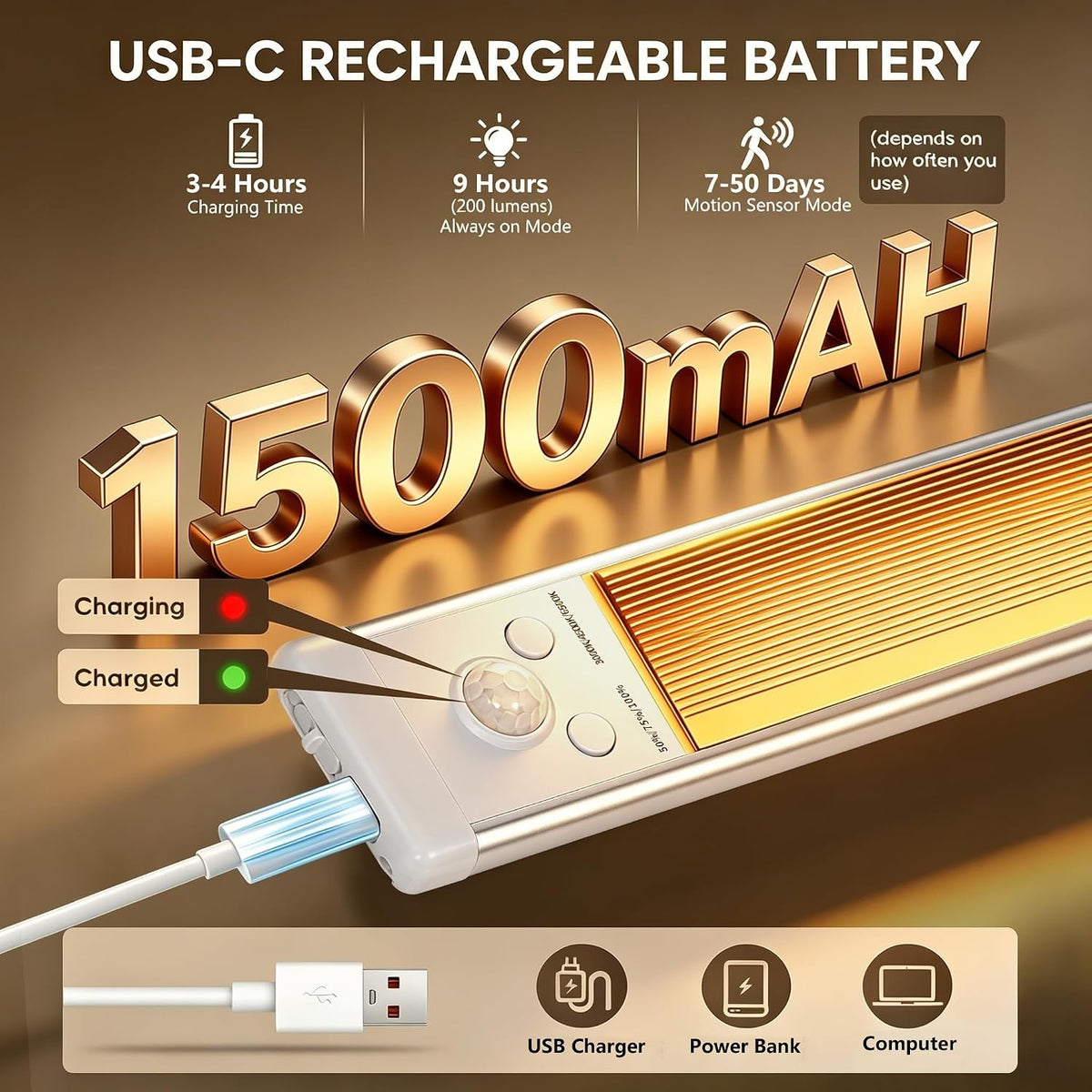 6Pack Under Cabinet Lighting Wireless Rechargeable Sensor Light Indoor with 3 Color Temps & Dimmable Led