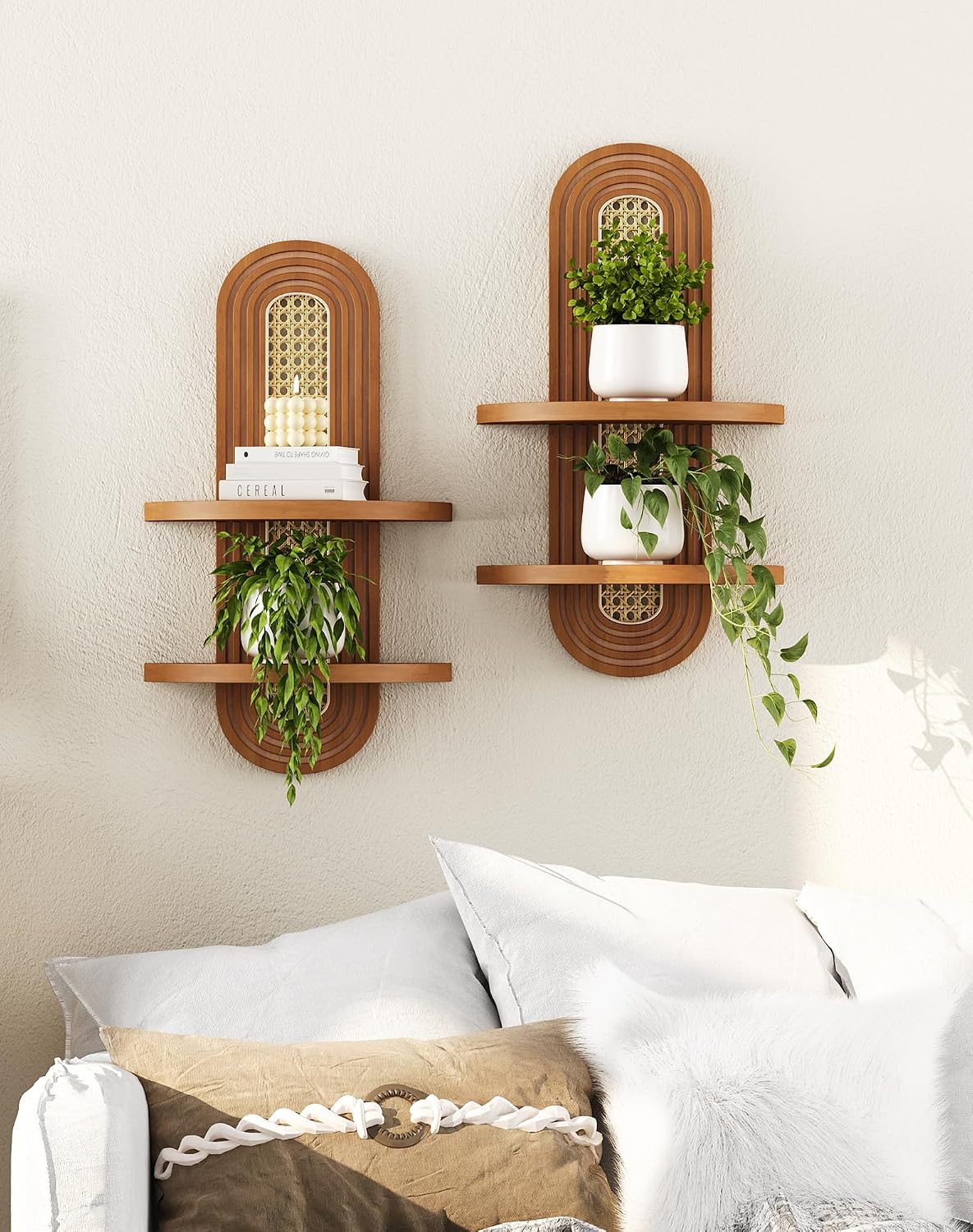 Floating Shelves / 2-Tier Rattan Plant Shelf / Walnut