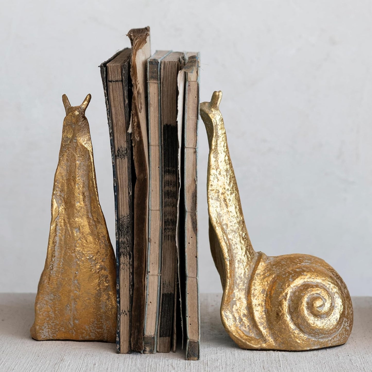 Decorative Distressed Cast Metal Snail Bookends / Gold