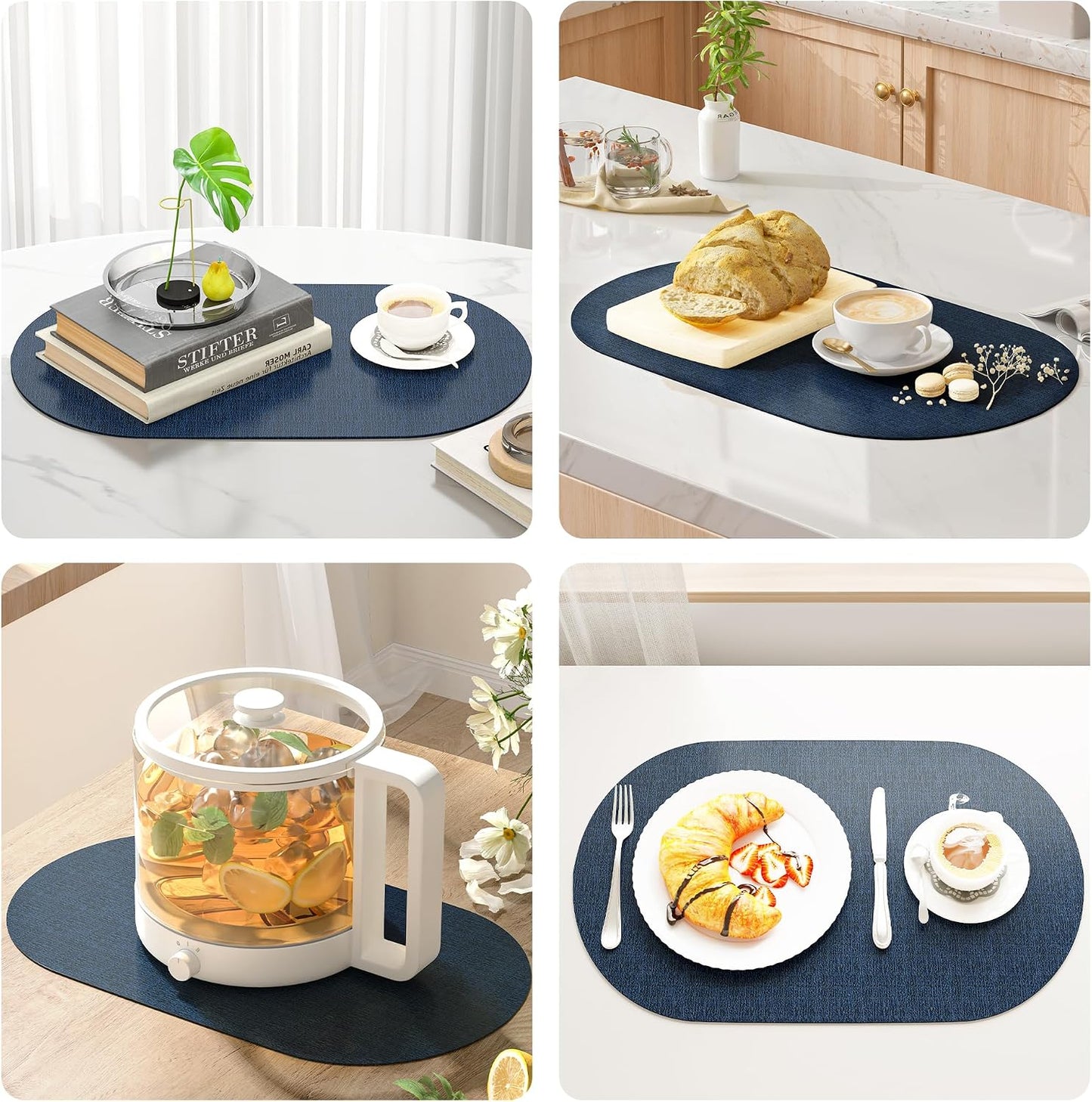 DOLOPL Oval Placemats Set of 6, Navy Blue Faux Leather Table Place Mats | Reversible, Wipeable & Washable, Heat