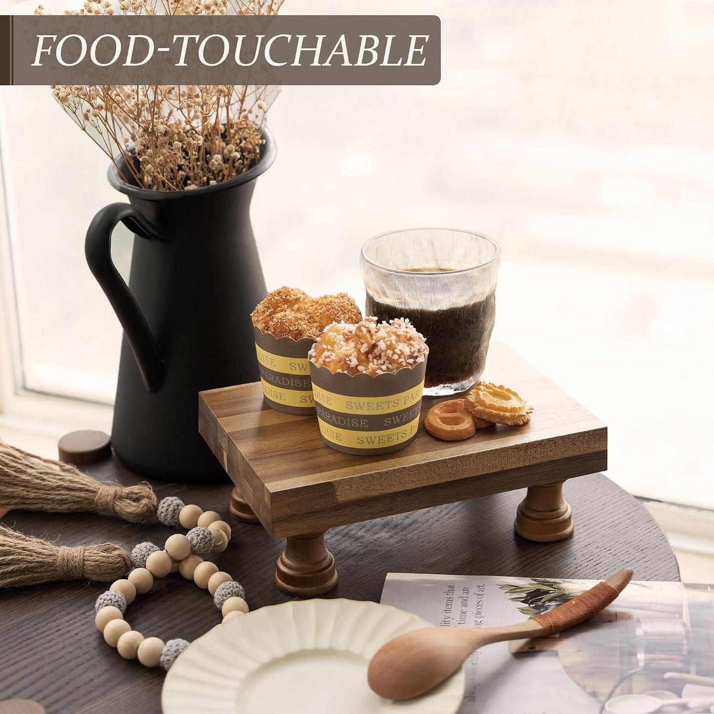 EOSAHR Wood Riser for Decor & Display Stand for Kitchen Counter, Brown | Acacia Wood, Rich Finish, 8.5" Pedestal Stand