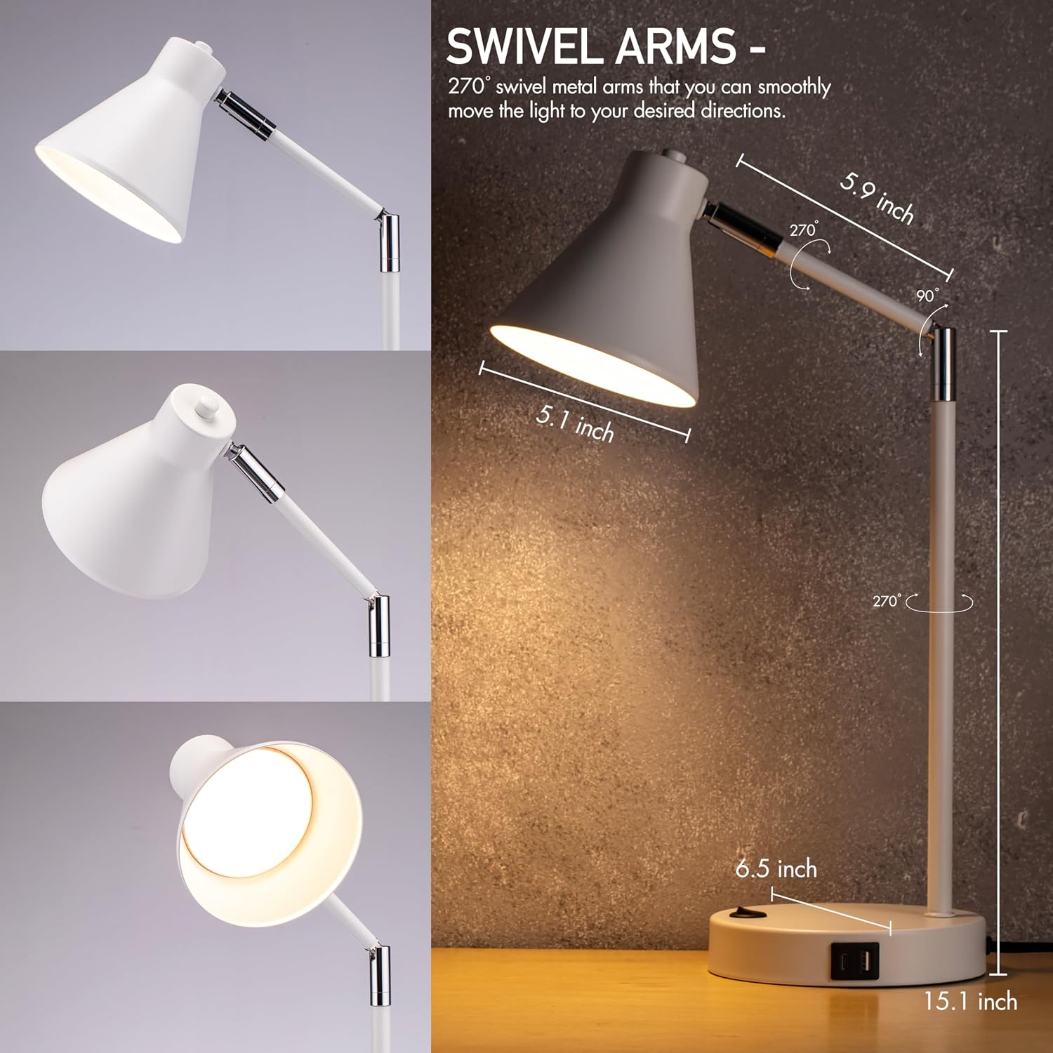 O'Bright Astrum - LED Desk Lamp with Dual USB Charging Ports, 100% Metal, 270 Degree Swivel Arms, Soft White Light