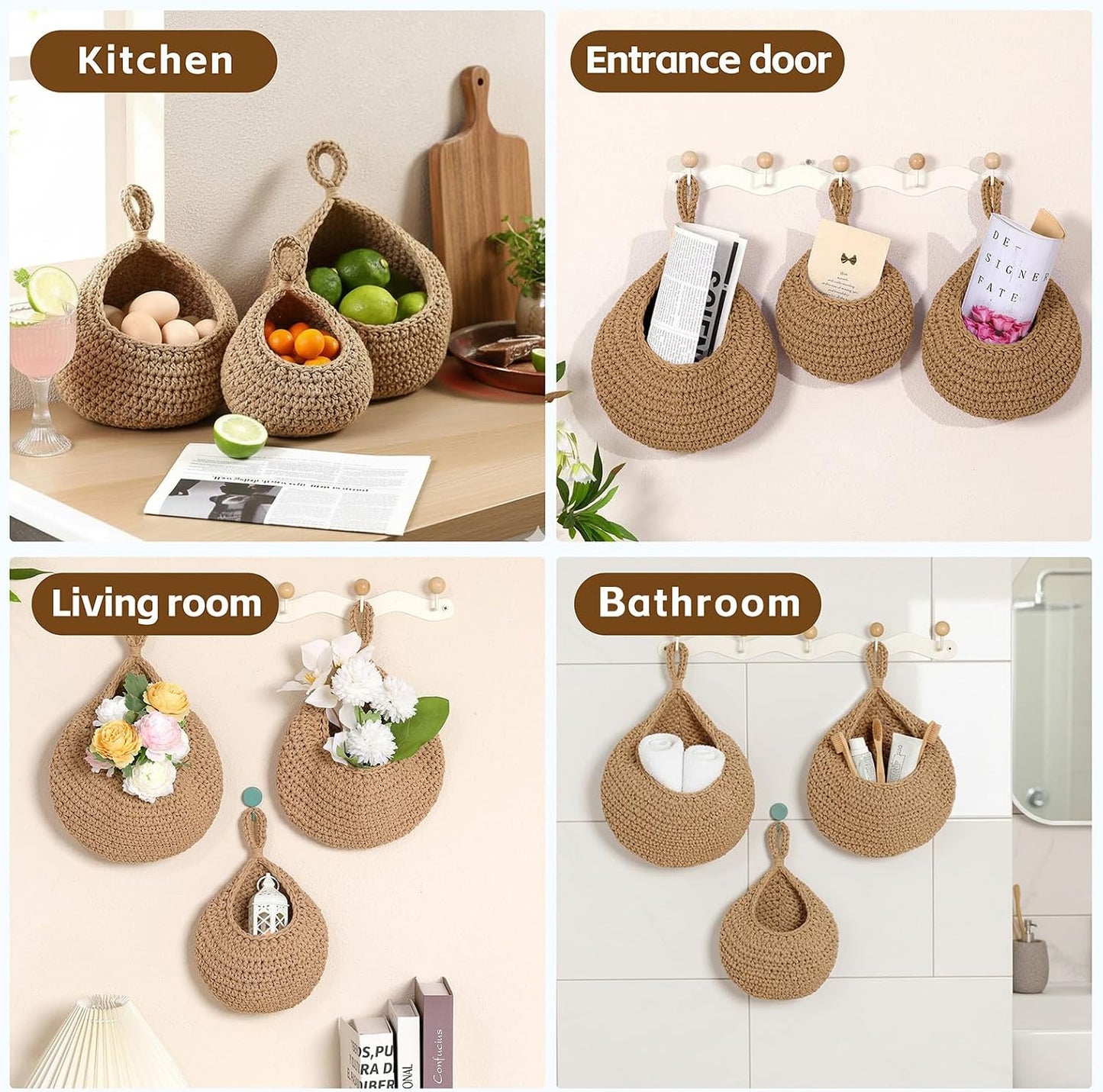 Hanging Storage Baskets Boho Decor / Linen / Set of 3