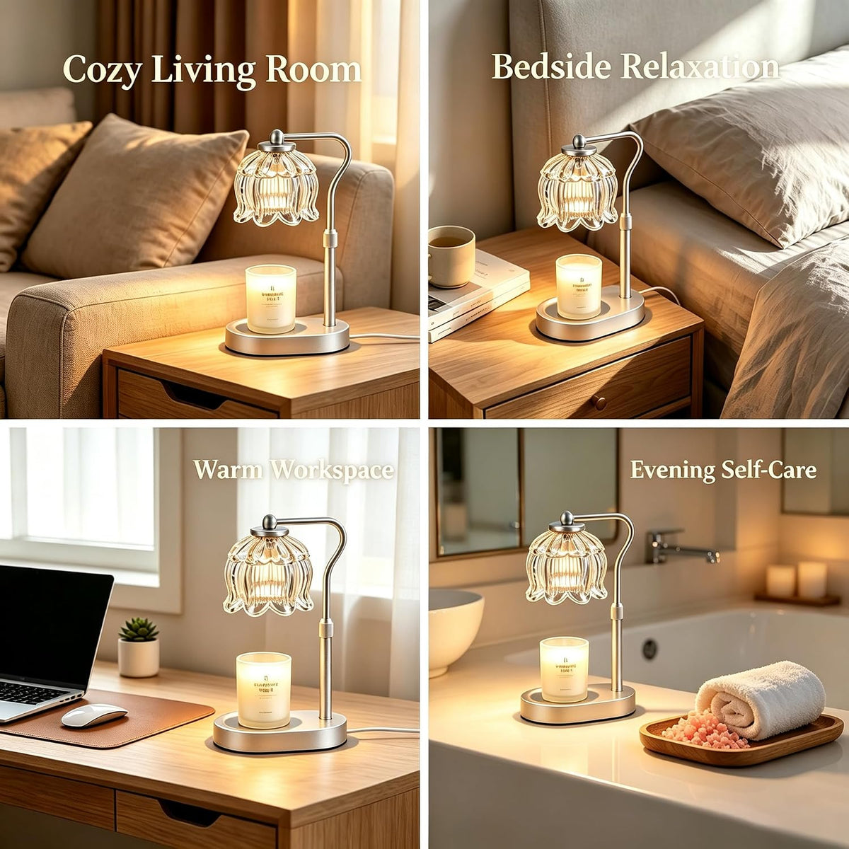 Flower Candle Warmer Lamp, Adjustable Height Electric Candle Lamp with Timer & Dimmer, Wooden Base Wax Warmer