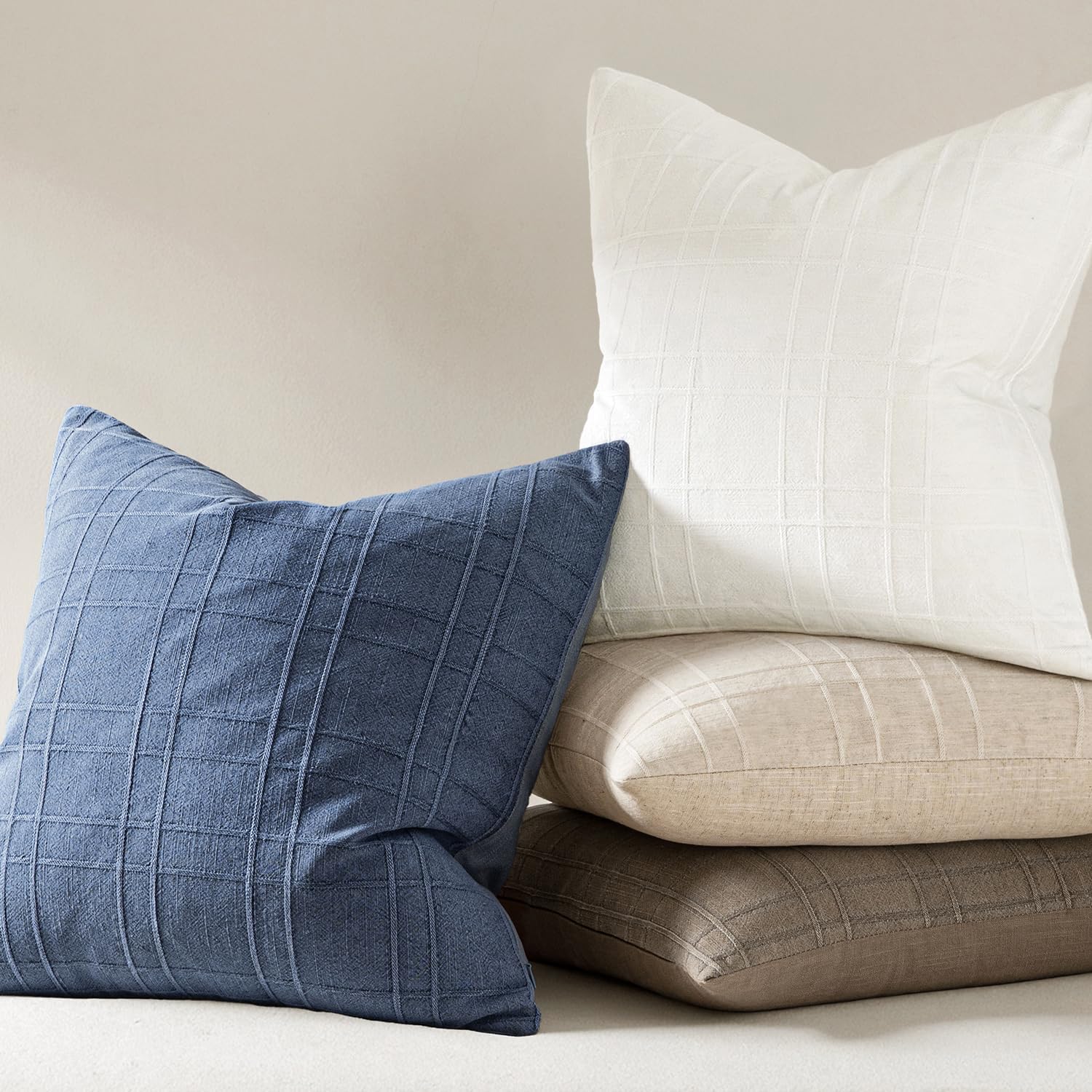 Decorative Linen Check Throw Pillow Covers Neutral Farmhouse / 18 x 18 / Cream White / Set of 2