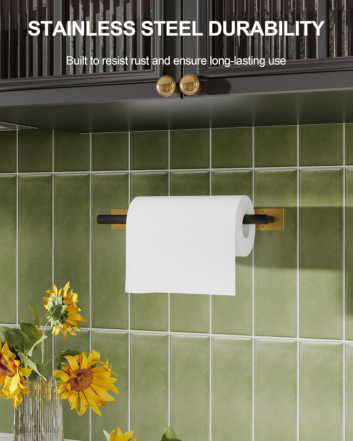Paper Towel Holder Under Cabinet Self Adhesive Black & Gold | 304 Stainless Steel Post Pivoting Design Wall Mounted &