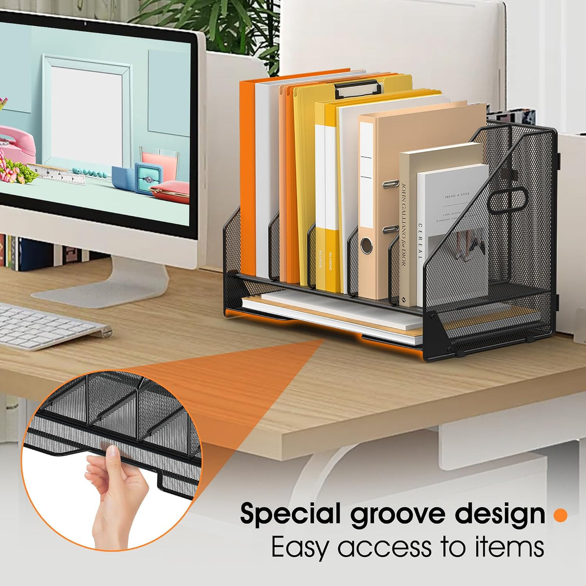 5 Vertical Mesh Desk Organizer with Paper Letter Tray, Black | Sorting racks with lower letter tray section.