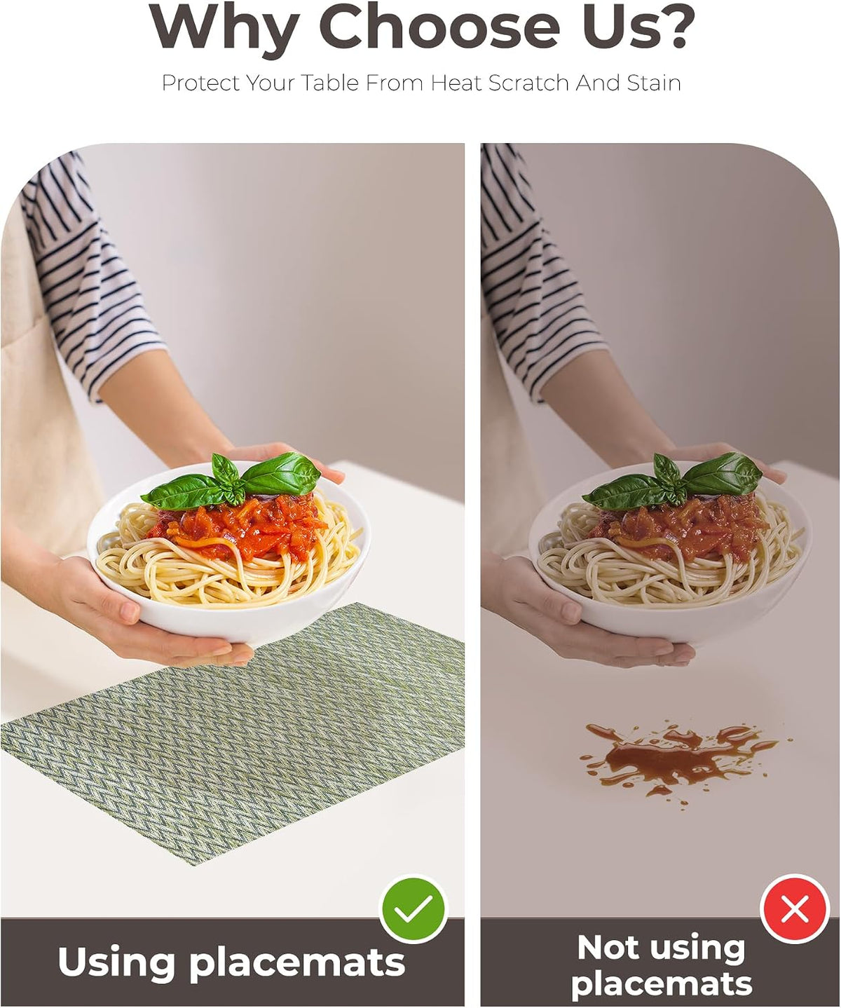 Leetaltree Woven Vinyl Placemats Set of 8,Green Zigzag | High Density，Stain Resistant, Easy to Clean, Washable Table