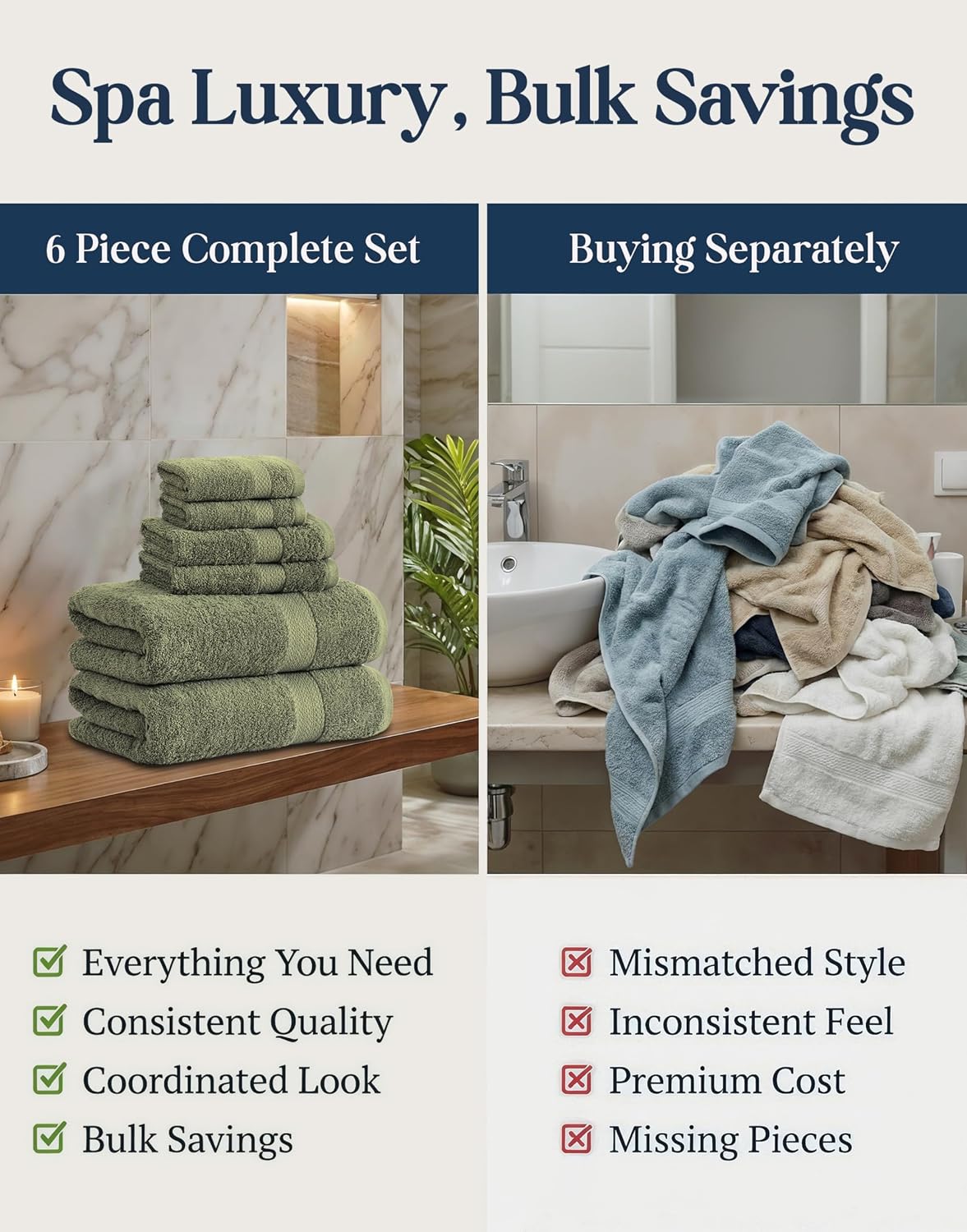 LANE LINEN Bath Towel Set 100% Cotton 6 Piece Soft Absorbent - Oil Green | Bath Towels Set Of 6 - Densely Woven