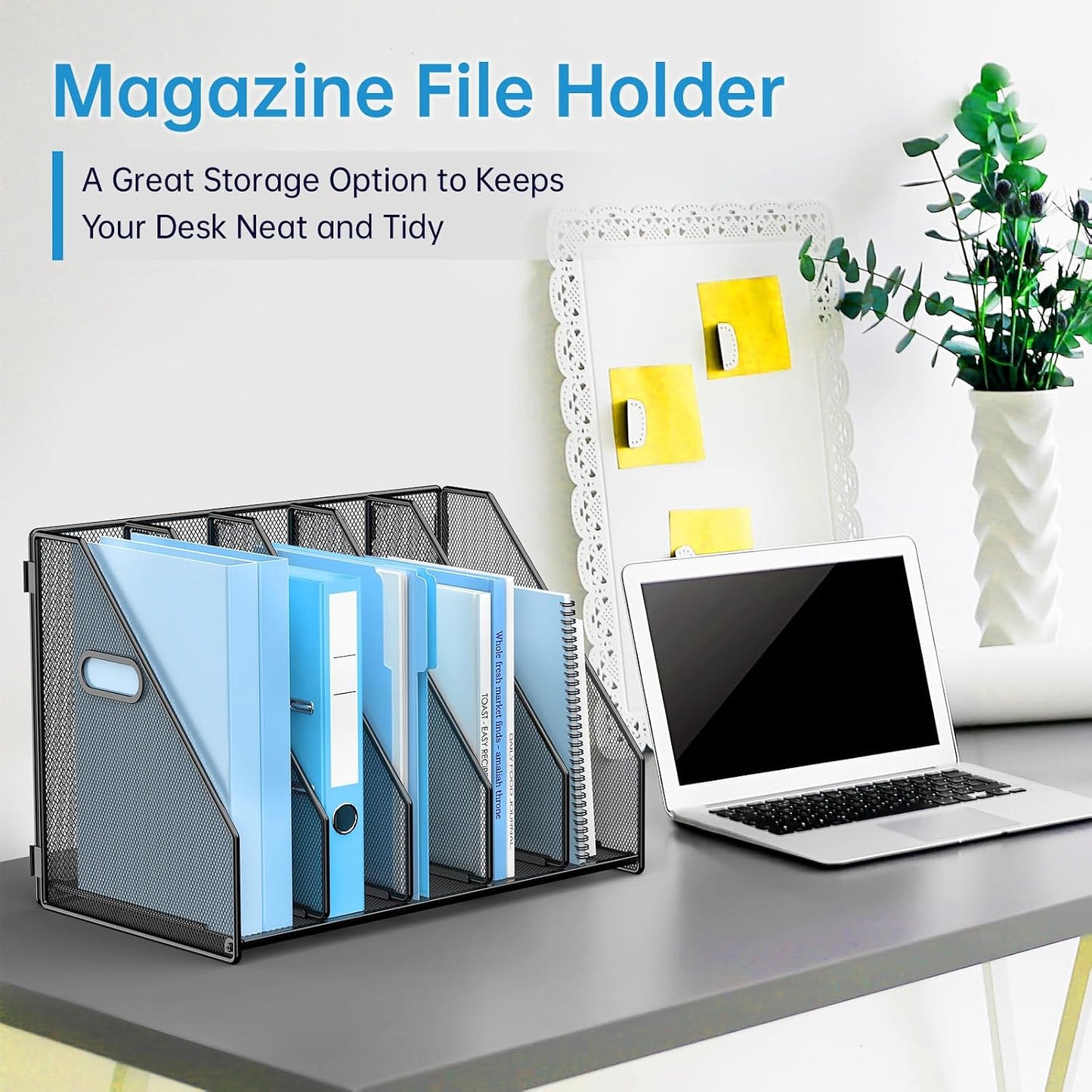 MINDEPOT Desk File Organizer Folder Holder with 5 Vertical for Office Black | Sturdy Metal Mesh, Magazine Folder