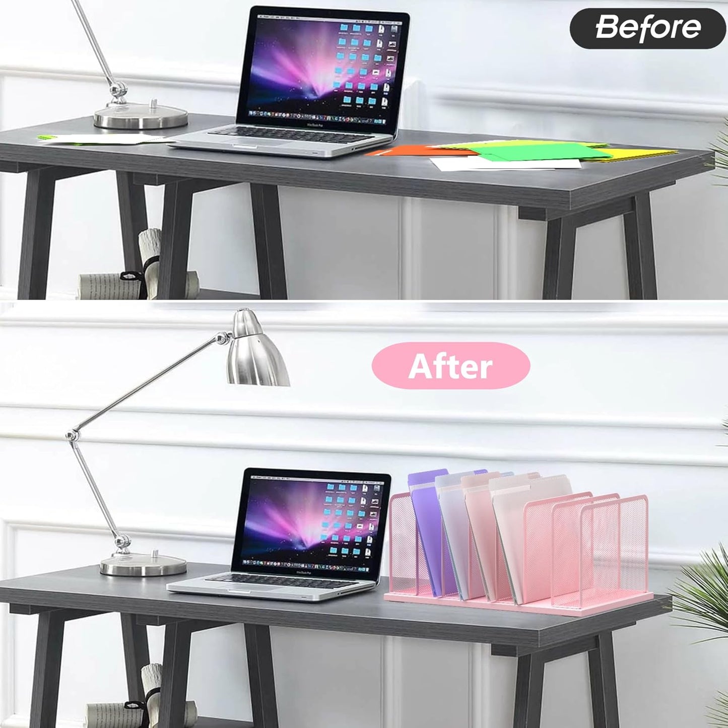 Kuntine.B 7-Section Upright Desk File Organizer Pink 2 Pack | Vertical, Mesh, Metal, Assembly, Stability, Sturdiness