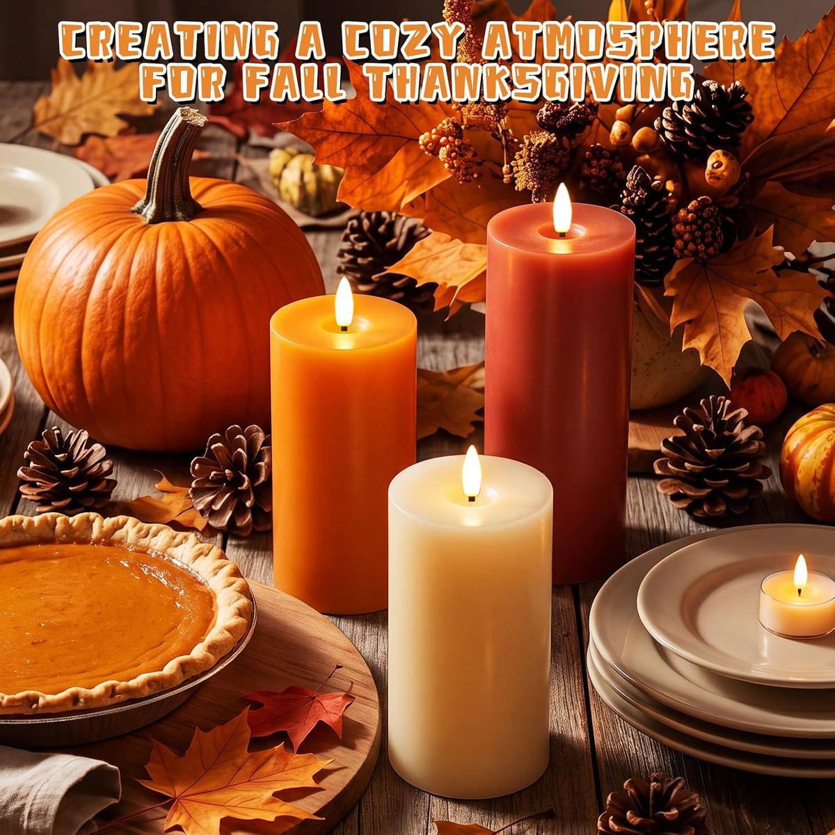 3 Pcs Fall 6/8/12 Inches Flameless LED Candles with Remote and 2/4/8h Timer Yellow Cream Orange Battery Electronic Wax