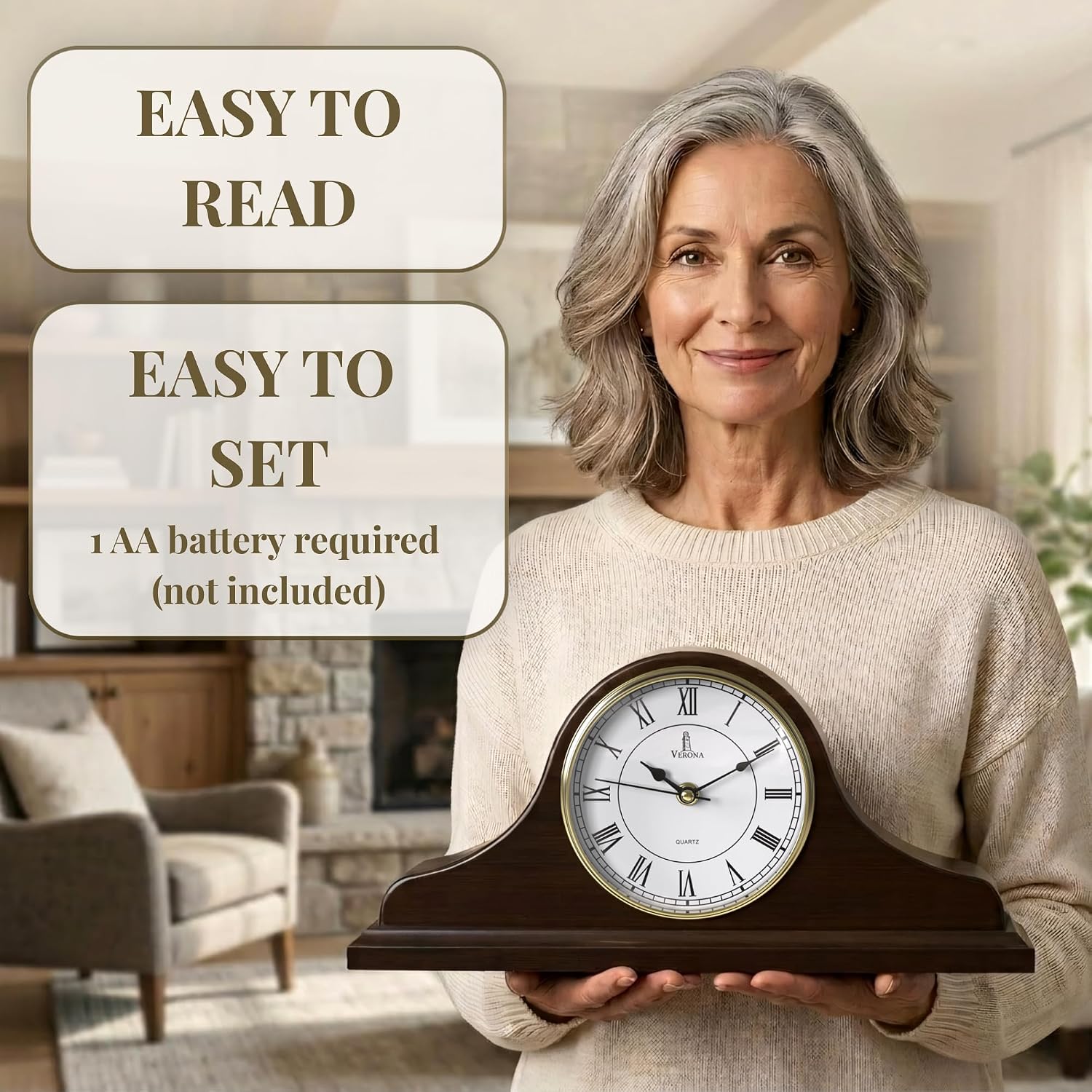 Mantel Clock for Fireplace, Solid Wood Silent Non-Chiming Mantle Clock | Battery Operated Wooden Clock 15x7.5, Easy to
