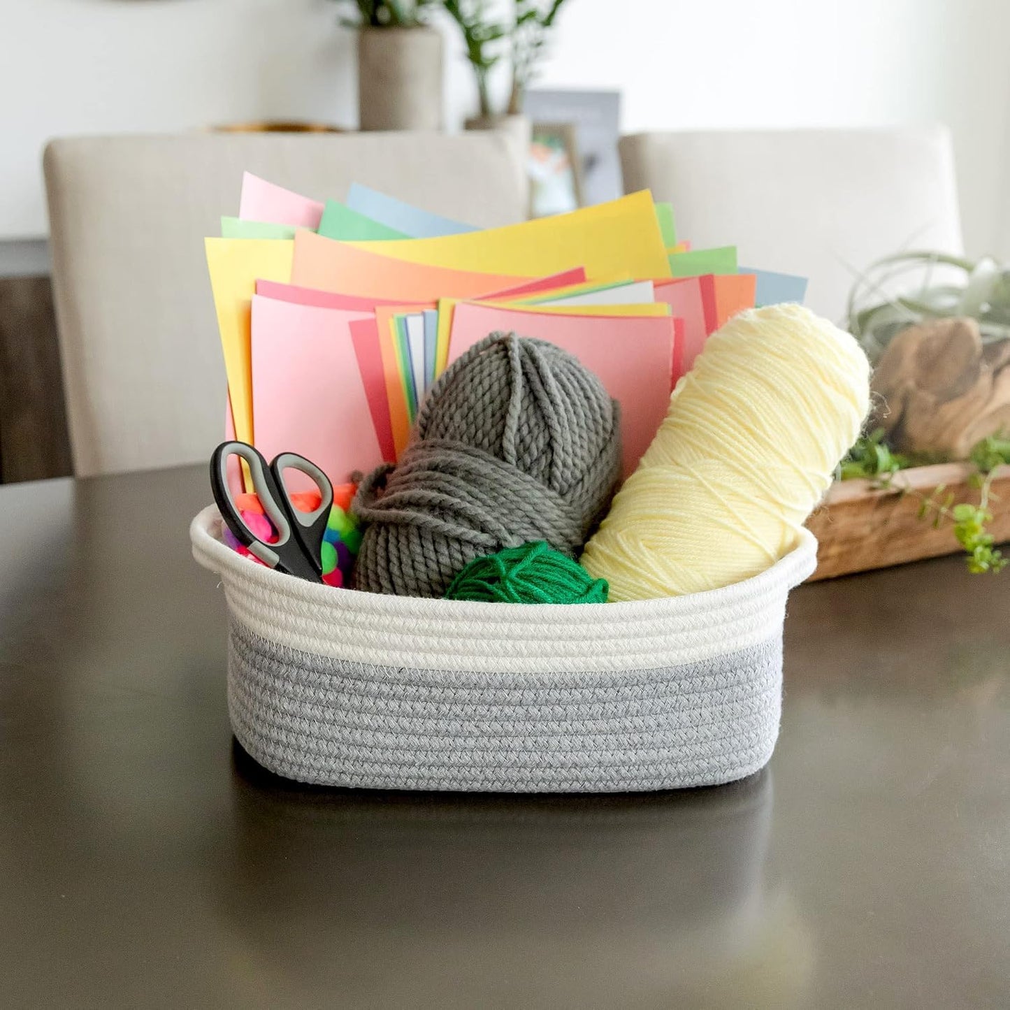 5-Piece Rectangle Storage Basket Set- Natural Cotton Rope Woven Baskets / Off White & Gray