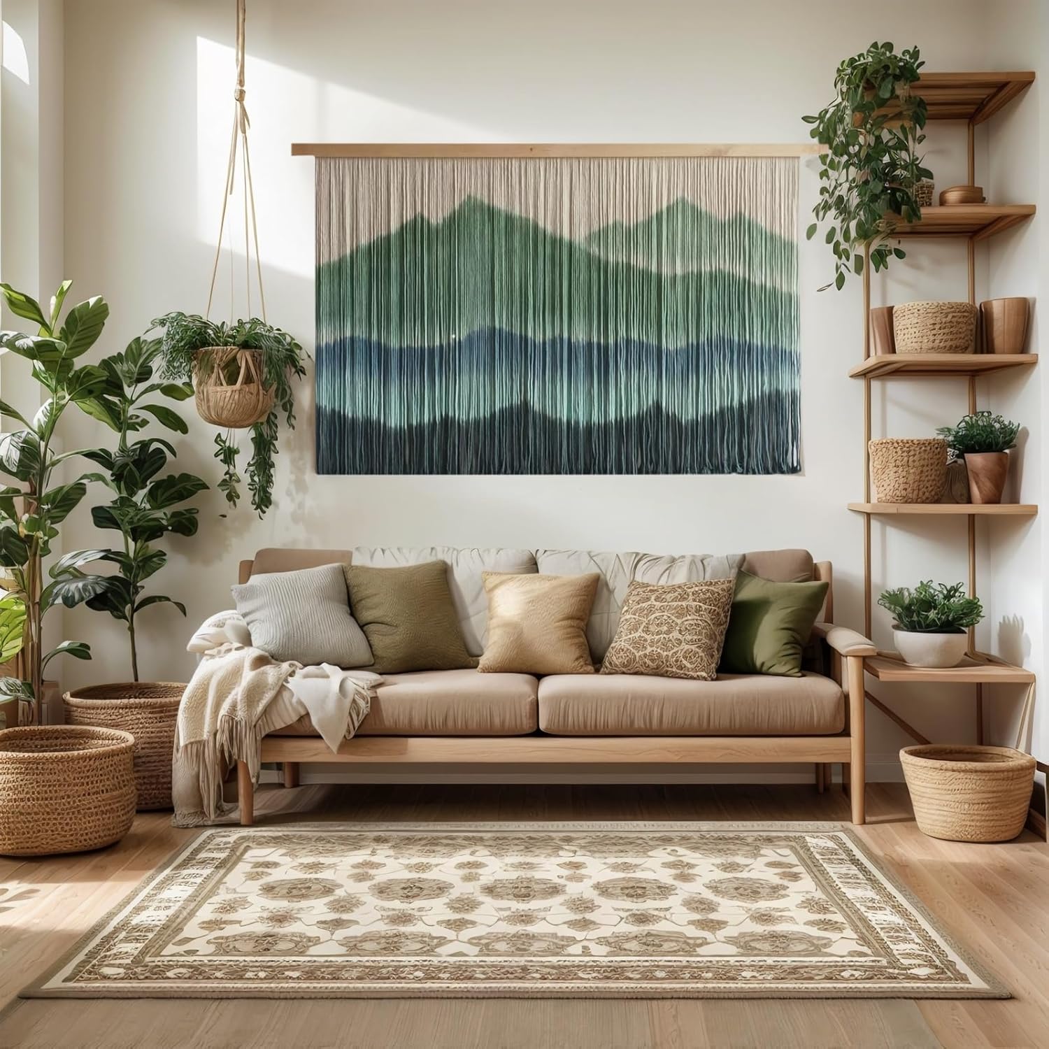 Woven Boho Macrame Wall Hanging Home Decor Tapestry Dip-Dyed Large Modern Handmade Colorful / Green