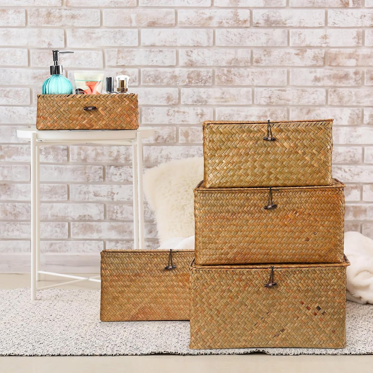 Seagrass Basket / Lids Bin Woven Organizer / Yellow Brown / Classic Style / Set of 6