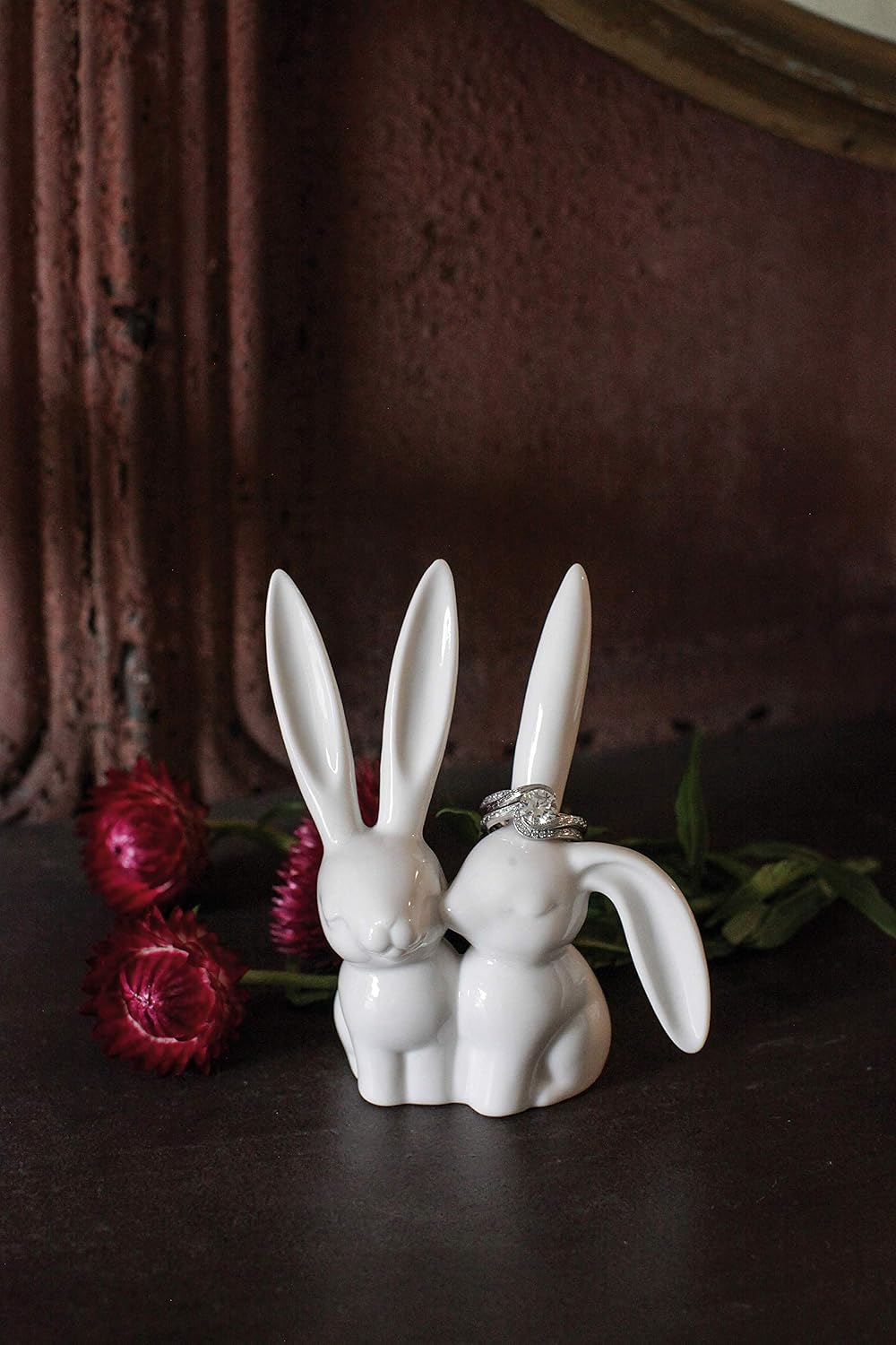 Ceramic Bunny Rabbits Ring Holder / White