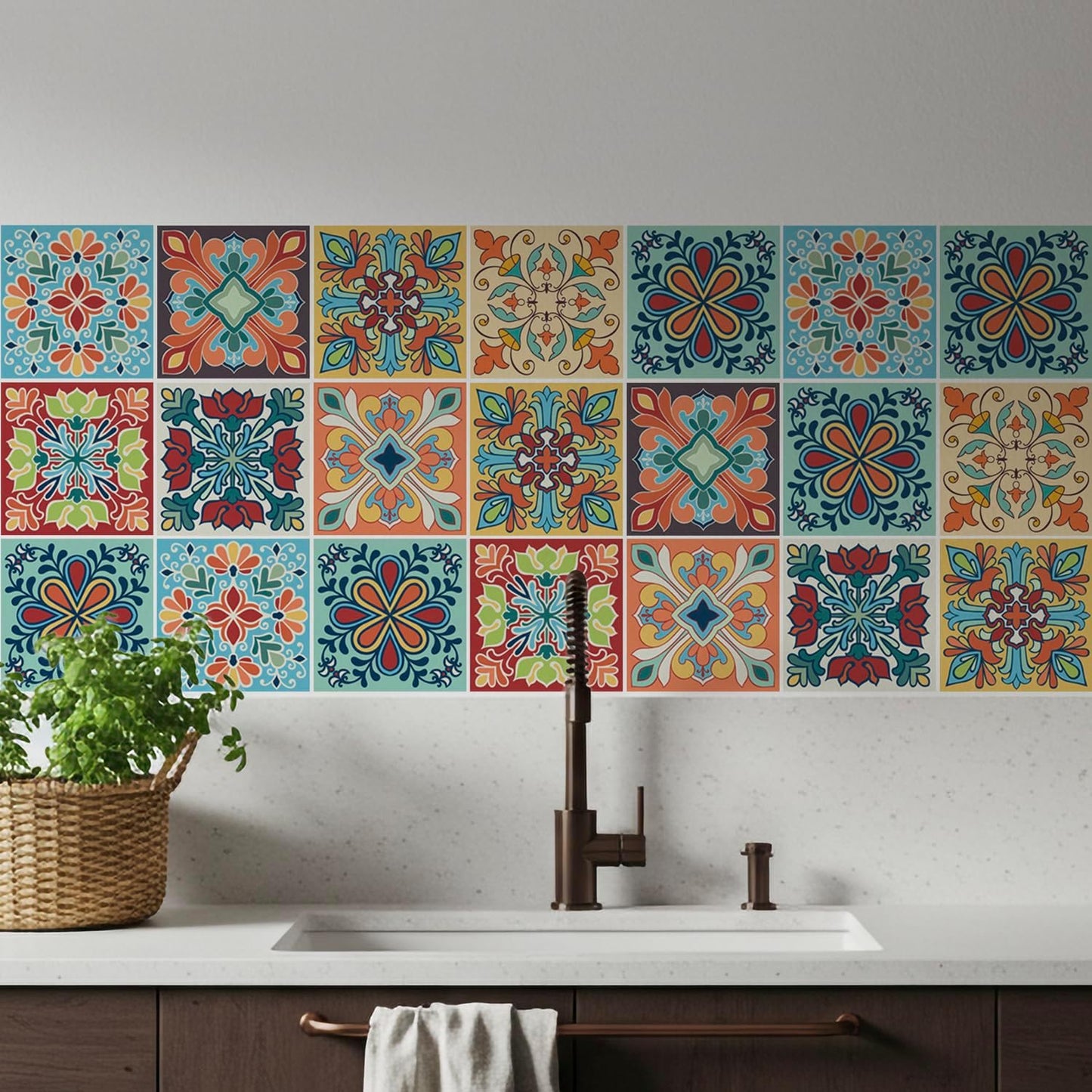 Colorful Bohemian Tile Stickers / 4 x 4 / Set of 30