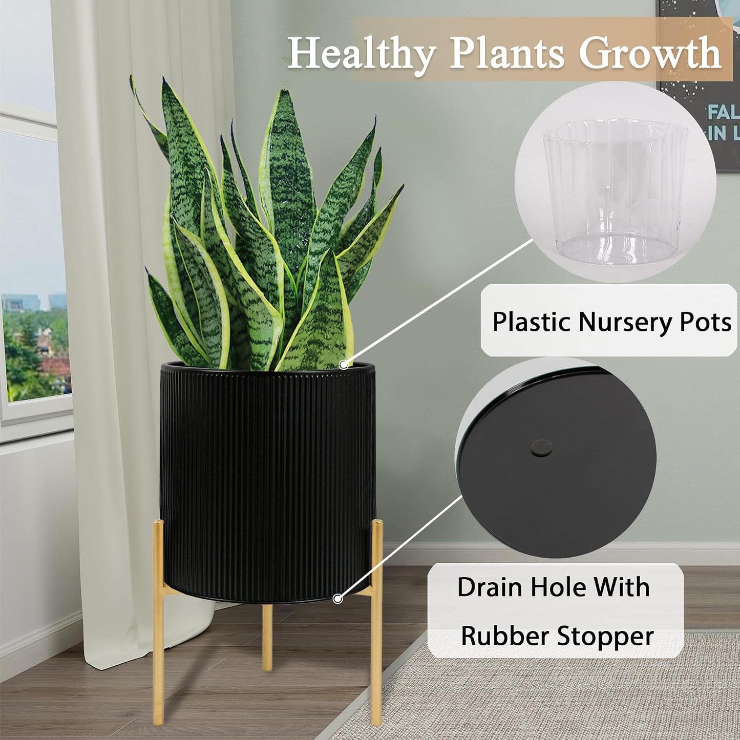 ARNIS Modern Plant Pots, Set of 2 Round Large Planters with Stand, Large Size Metal Pots with Drainage Holes for Living