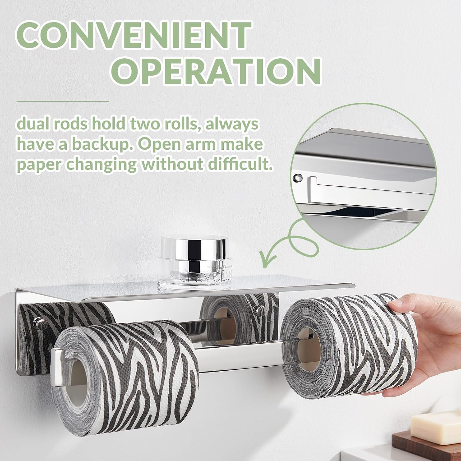 APLusee Double Toilet Paper Holder with Storage Shelf, Polished Chrome | Rustproof 304 Stainless Steel for Bathroom