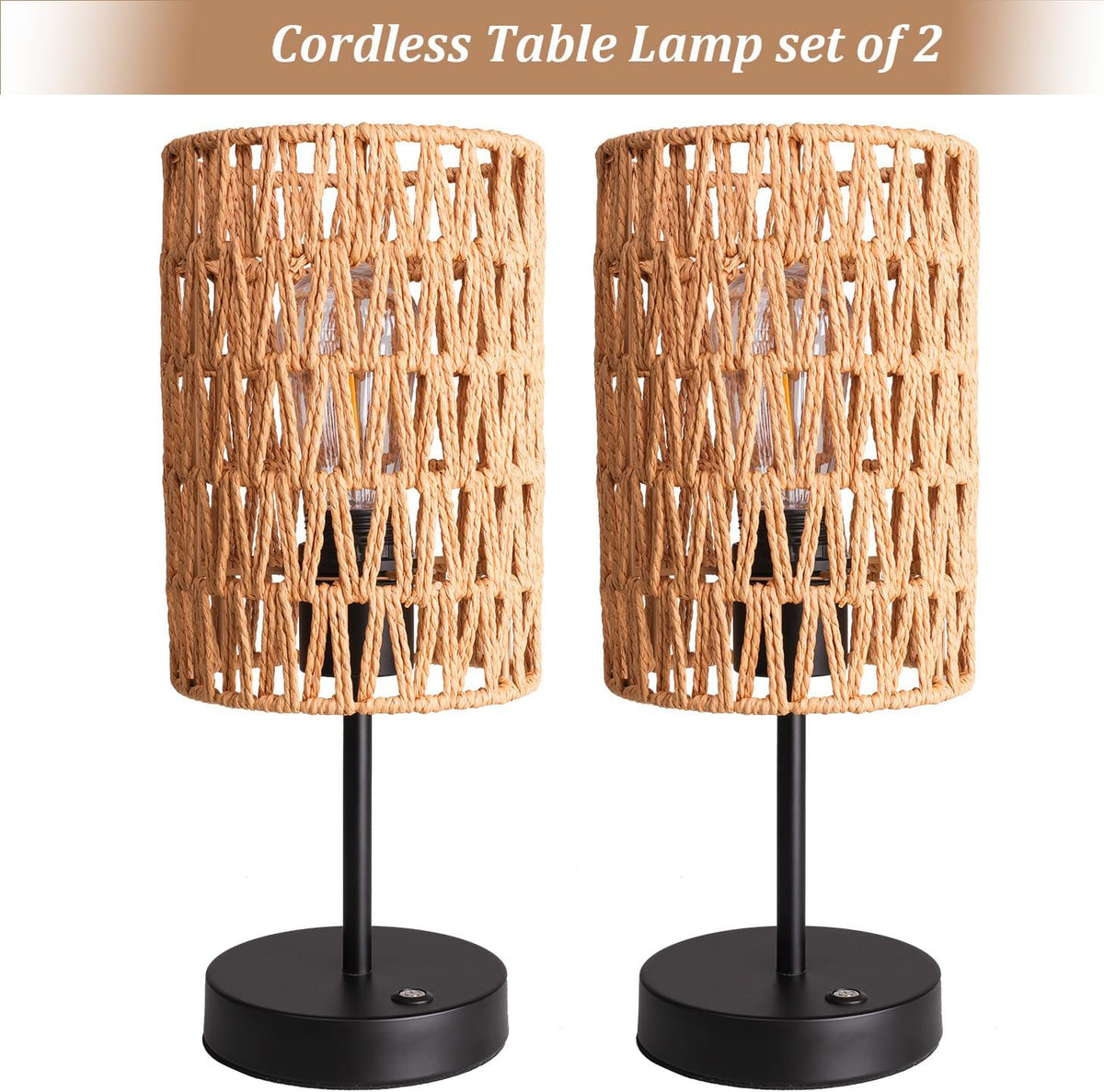 Rechargeable Outdoor Table Lamps, Rattan Boho Cordless Battery Operated Table Lamps, Patio Lamp for Living Room