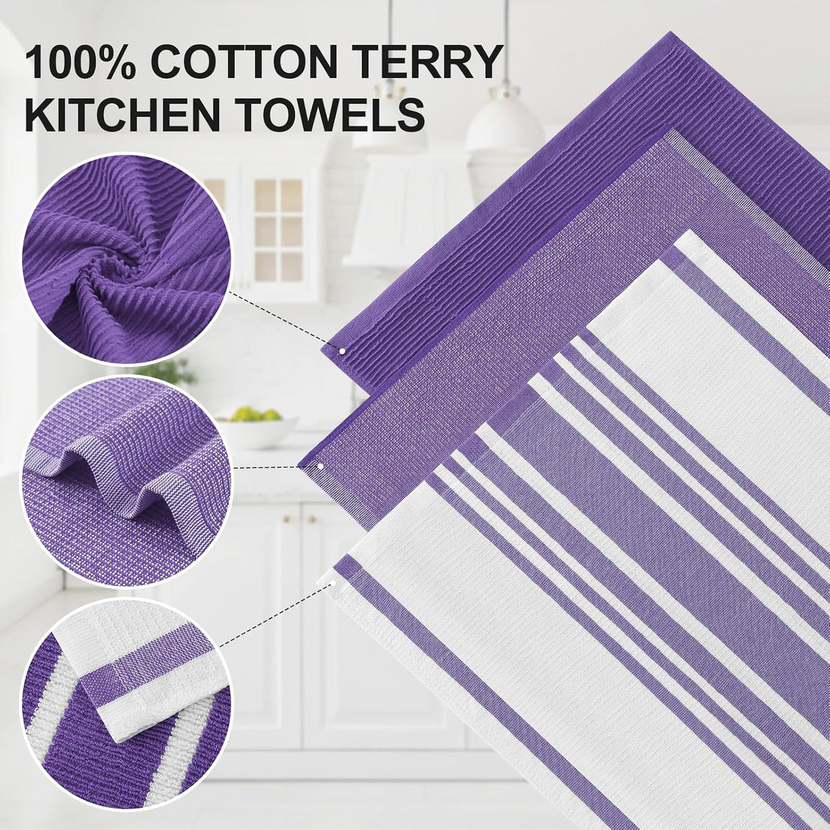 Homaxy Cotton 380 GSM Premium Kitchen Towels, 18"x 28", 9 Pack, Purple | Soft and Absorbent Terry Dish Towels