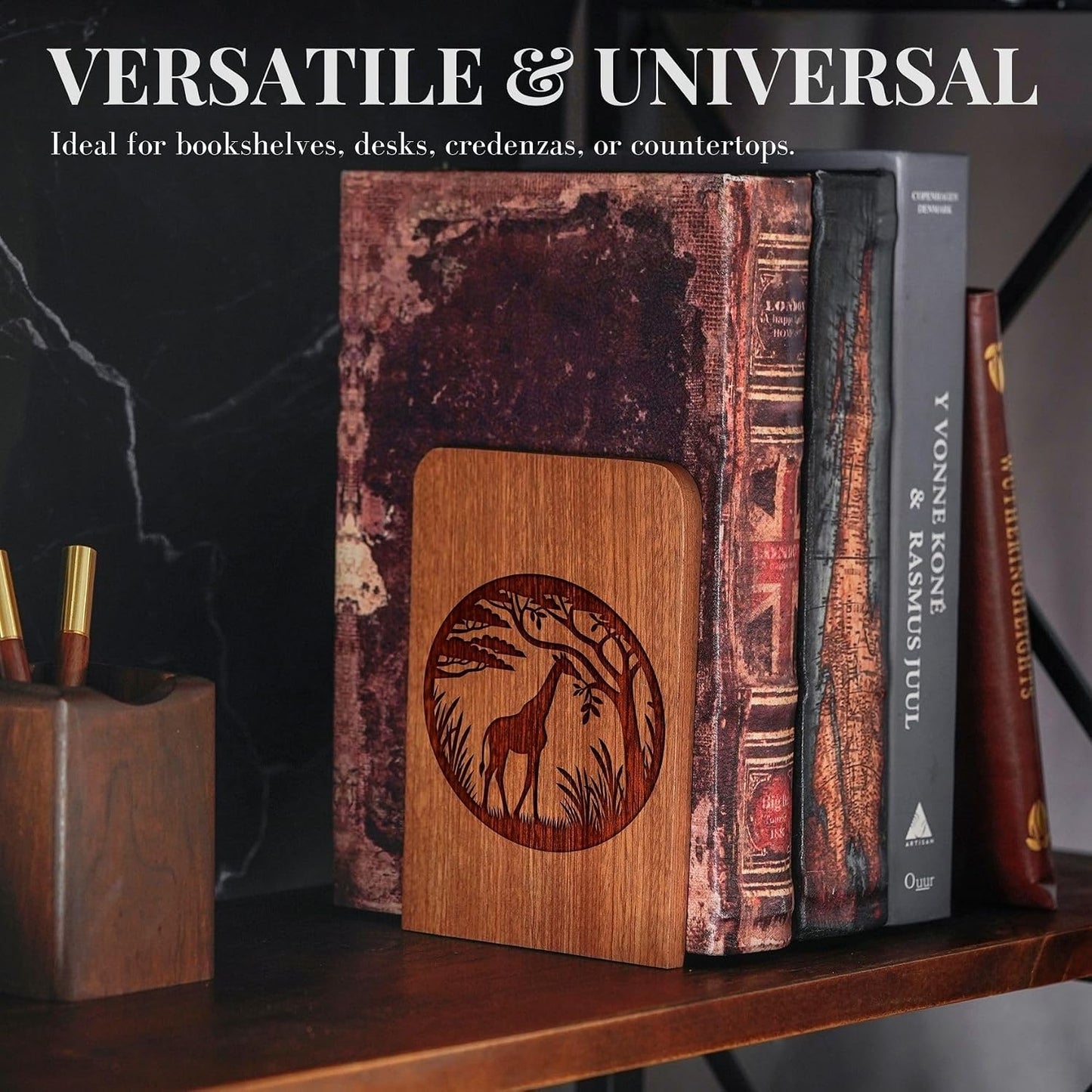 Heavy Duty Iron & Ebony Wood Book Ends / Eating / 4.72 x 6.69
