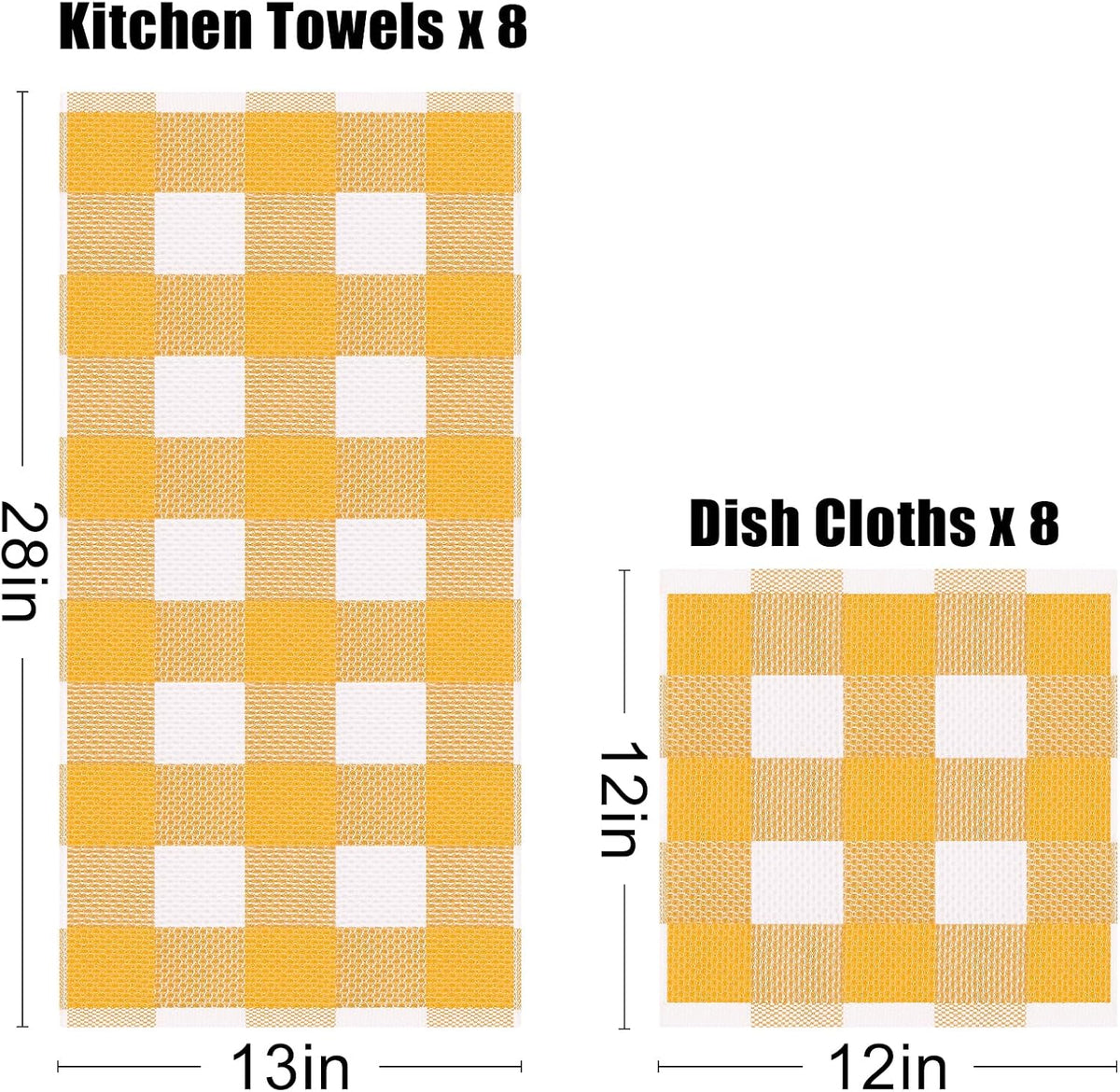 Homaxy Kitchen Towels and Dishcloths Set, Set of 16, White & Golden Yellow | Bulk Cotton Waffle Weave Check Plaid