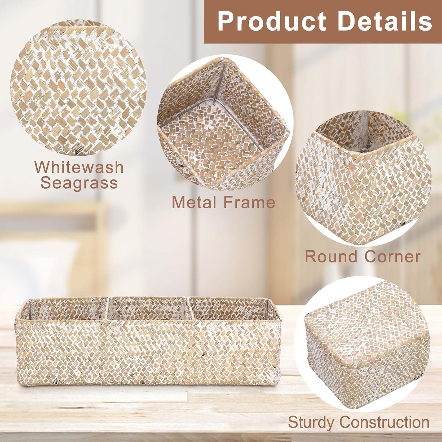 Handwoven Seagrass Storage Basket 3 Sections Toilet Tank Paper Basket Wicker / Large / Whitewash