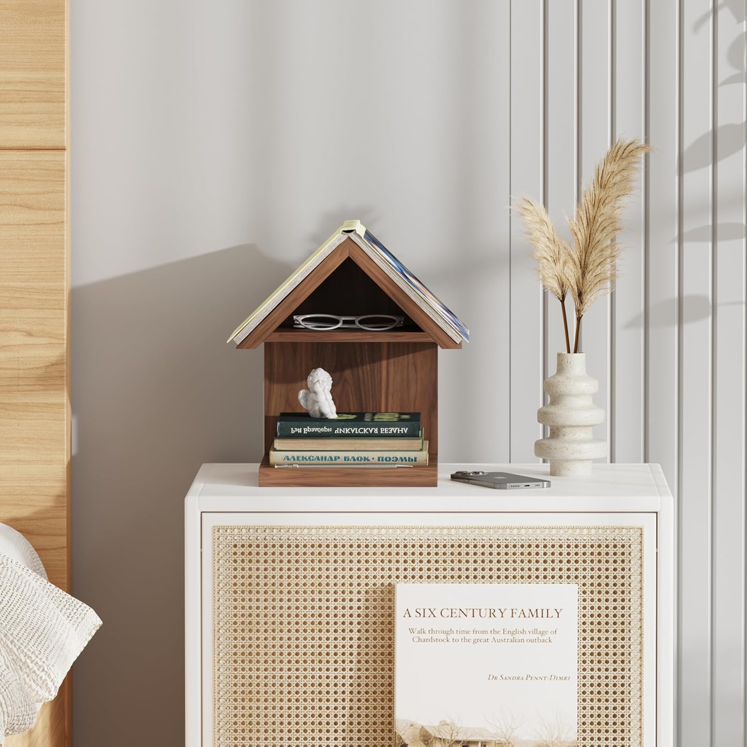 Floating Bedside Wood Bookshelf, Triangle Book Page Holder, Wooden Simple Bookcase for Bedroom Nightstand Library