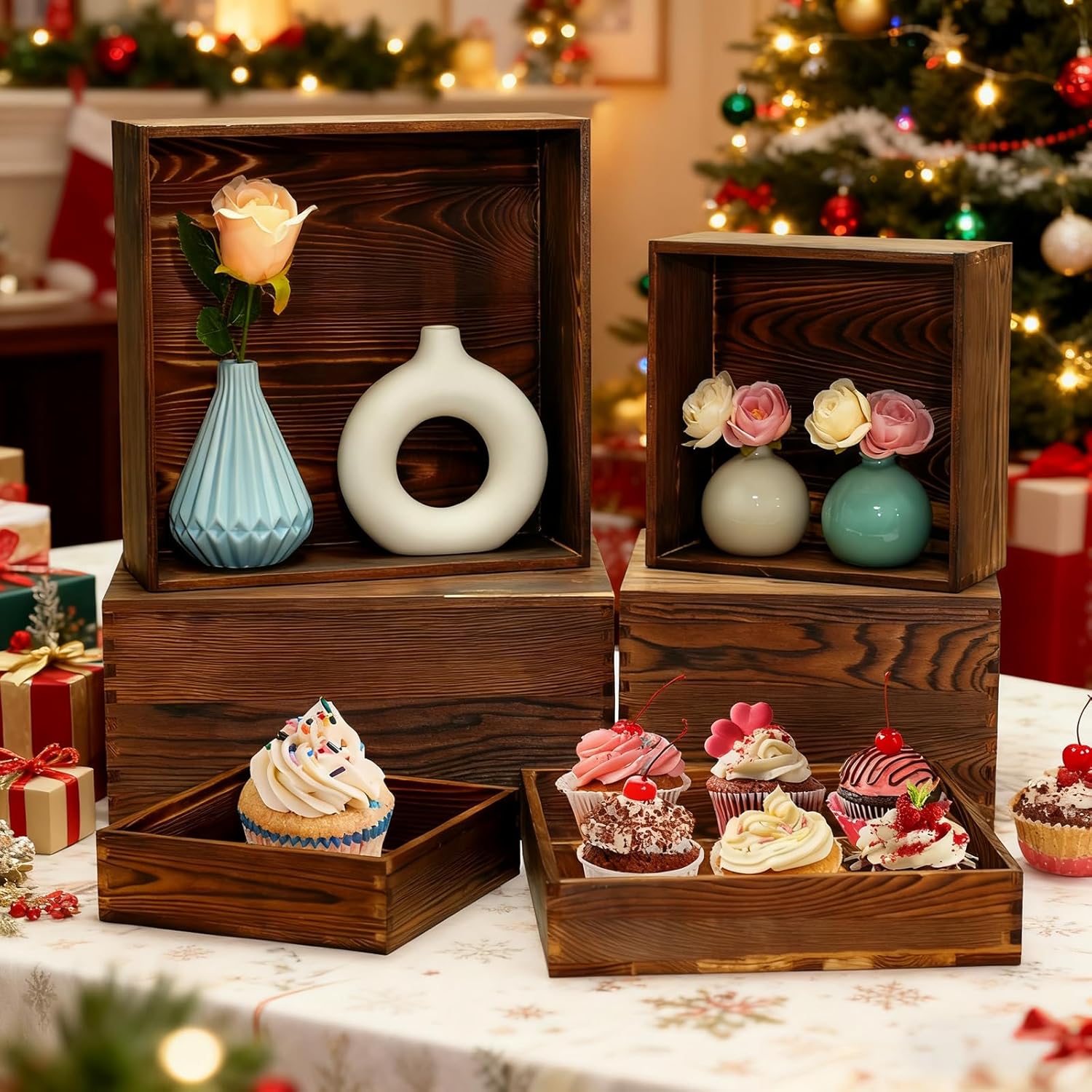 Wooden Buffet Risers Rustic Wood Cupcake Stand Catering Supplies Buffet Display / Brown / Set of 8