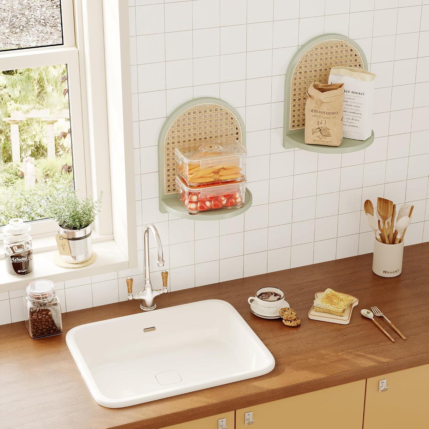 Boho Wall Decor Small Floating Shelf for Plant Figurines / Green / 9.25*5.41*11.61 Inch / Set of 2