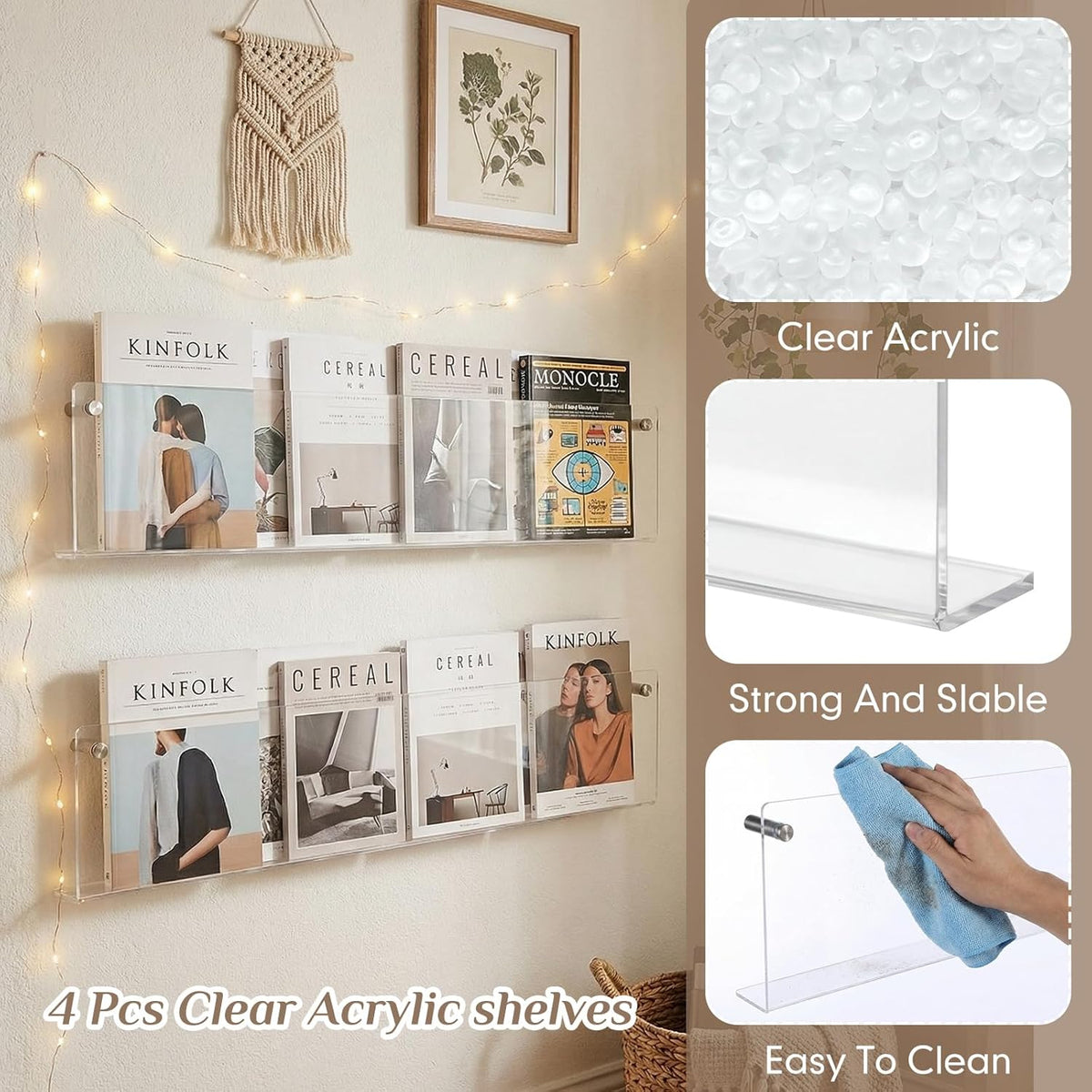 4 Pack Clear Acrylic Magazine Holder Brochure Holder Wall Mount Hanging Bookshelf Literature Storage Rack for Document