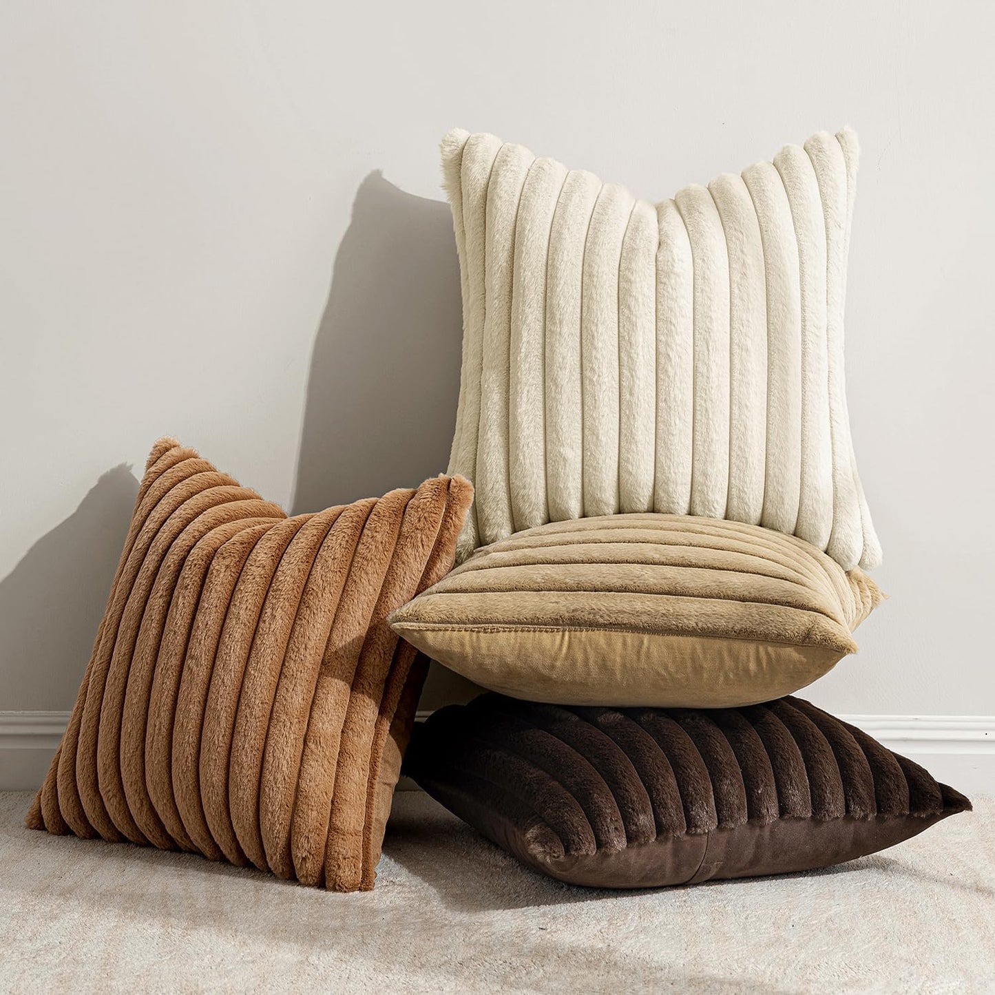 Faux Fur Plush Decorative Throw Pillow Covers / 18 x 18 / Brown / Set of 4