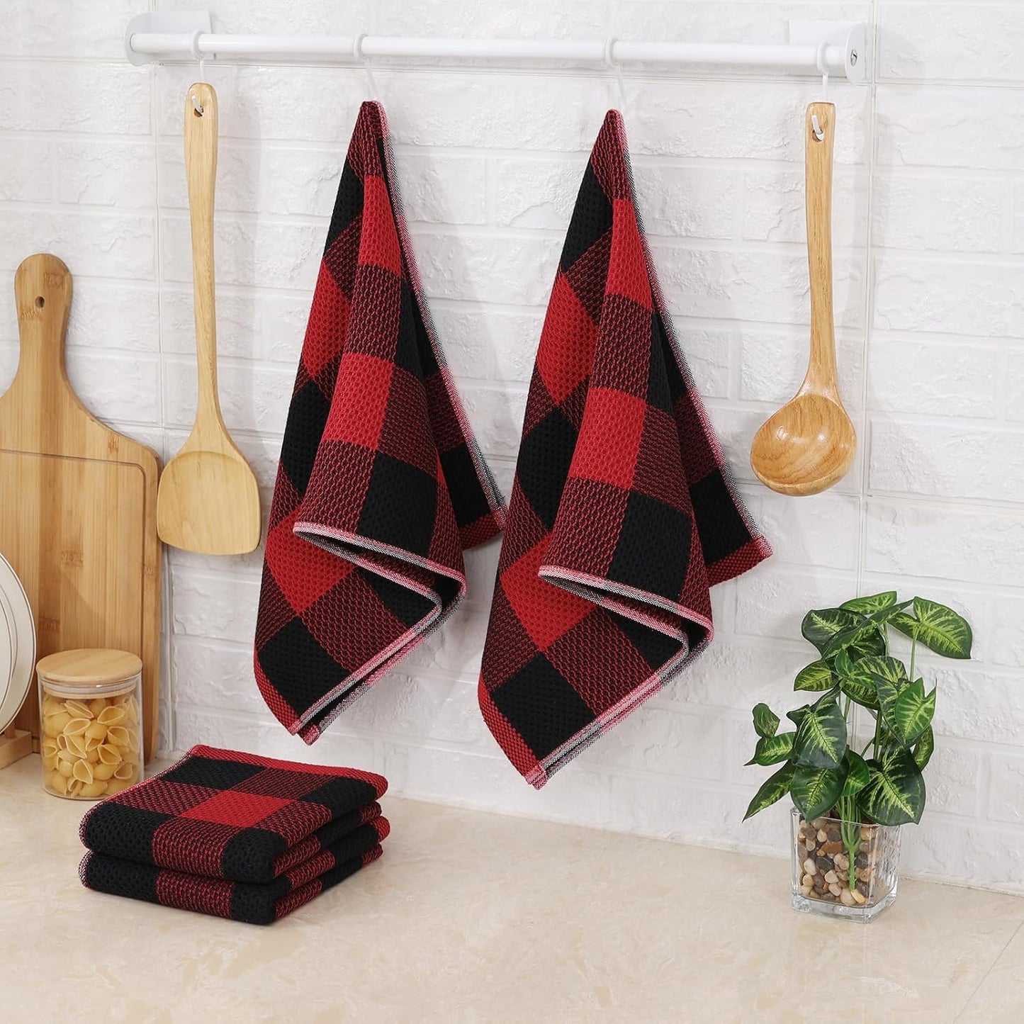 Mordimy Cotton Waffle Kitchen Towels, 13"x 28", 8 Pack, Black & Red | Super Soft and Absorbent Buffalo Check, Durable