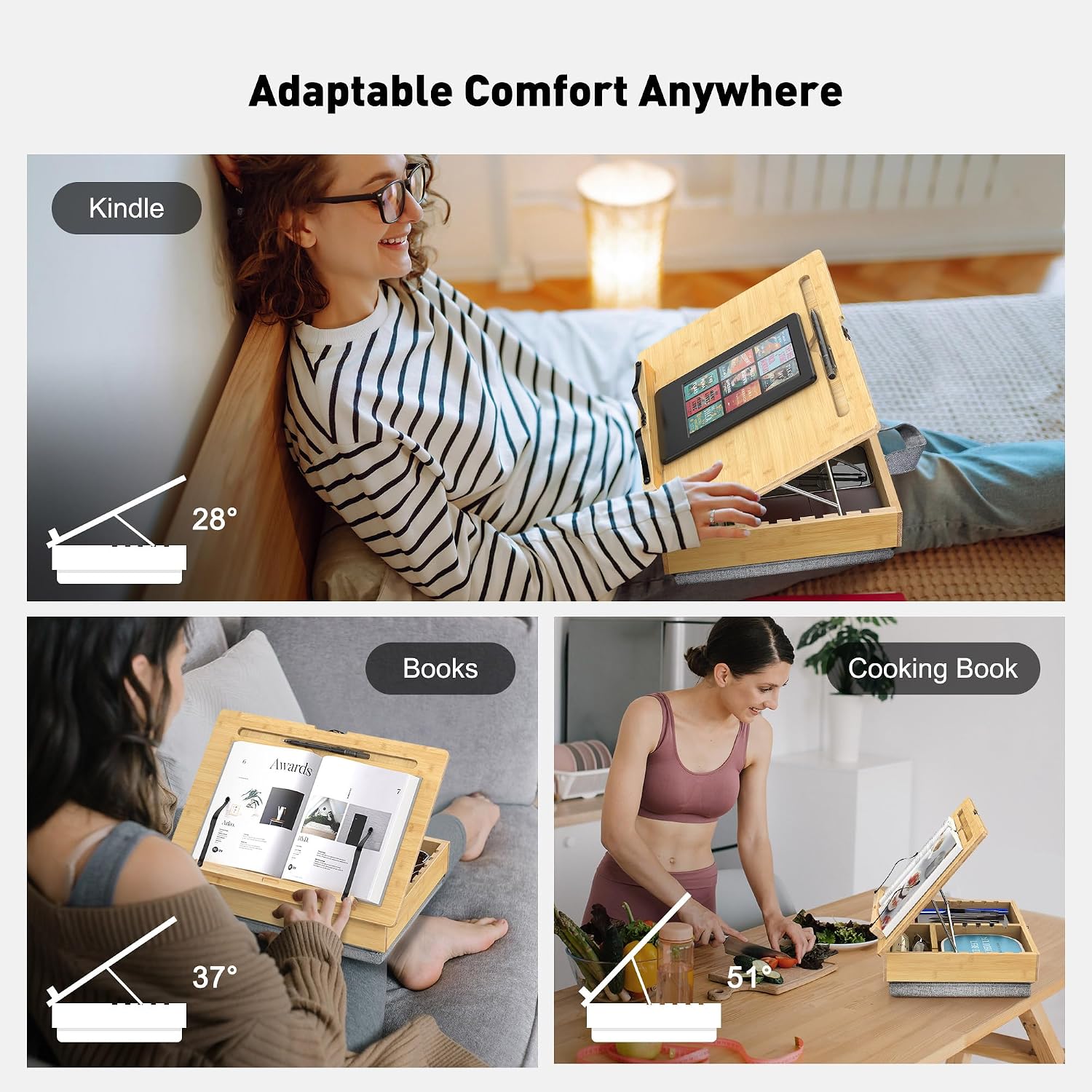 AboveTEK Book Stand for Reading with Storage, Adjustable Bamboo Book Holder with Soft Lap Cushion, Cookbook Stand
