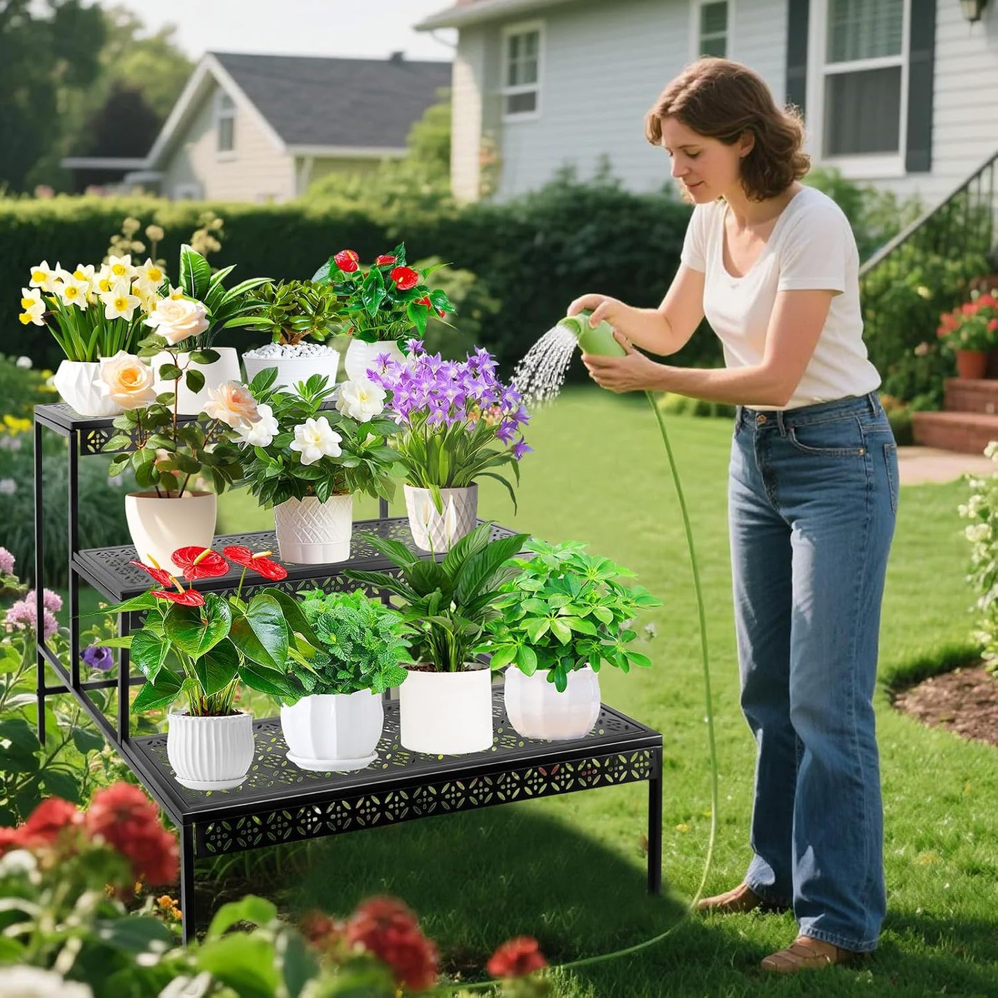 3 Tier Metal Plant Stand, Ladder Flower Pot Holder Plant Stands | Sturdy Tiered Plant Stand with Decorative Pattern