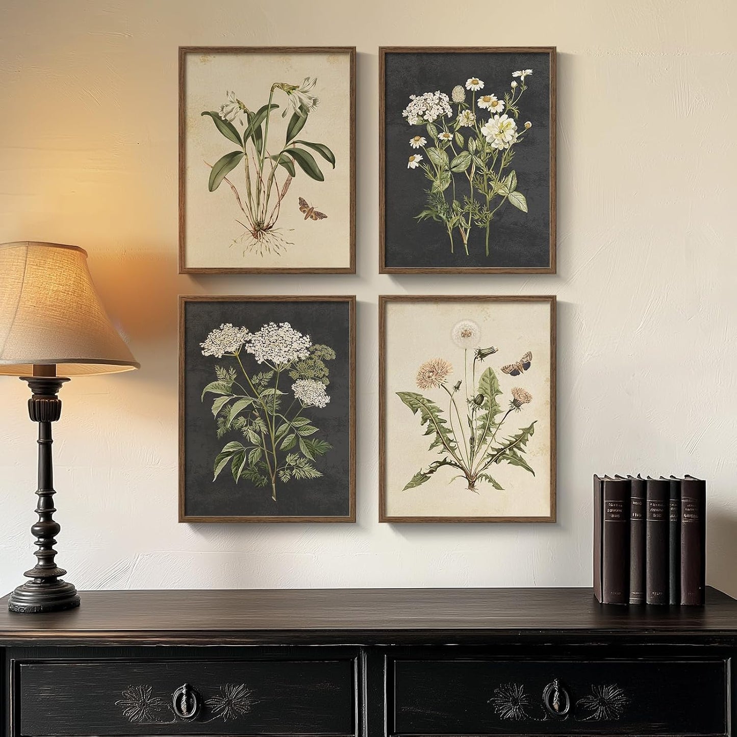 Neutral Flower / 11" W x 14" H x / Vintage - Walnut Framed / Set of 4
