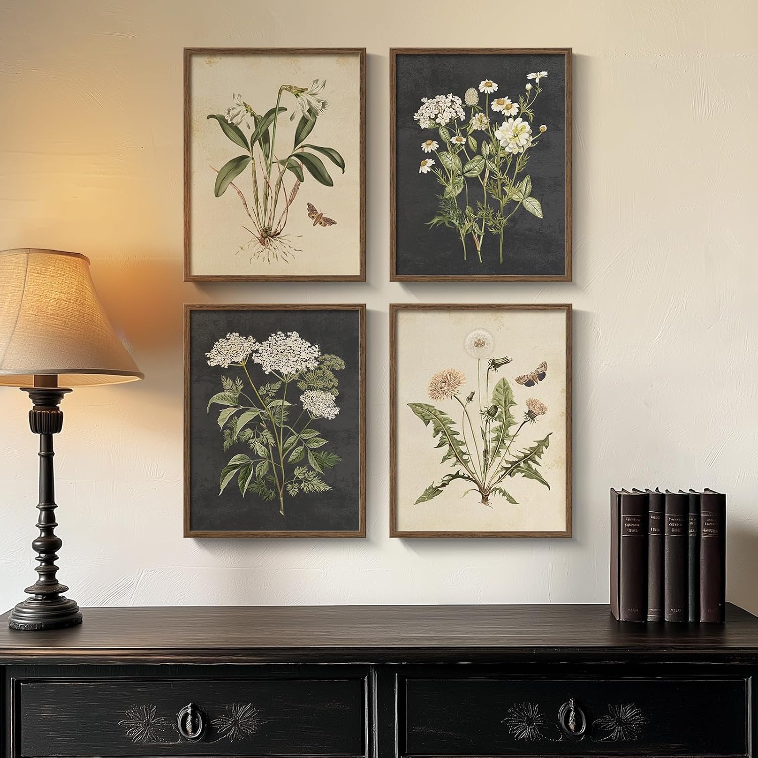 Neutral Flower / 11" W x 14" H x / Vintage - Walnut Framed / Set of 4