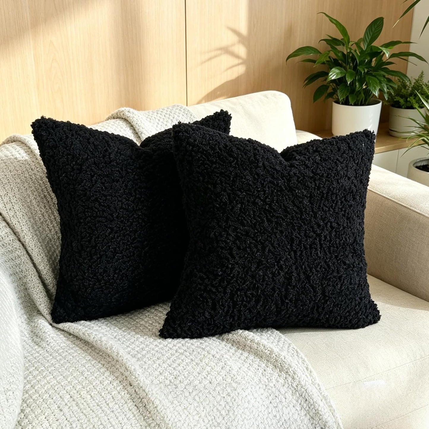 Faux Fur Decorative Pillow Covers Soft Fluffy Sherpa Boucle Throw / Black / 18 x 18 / Set of 2