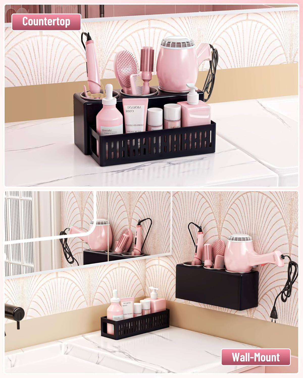 Hair Tool Organizer, Detachable Hair Dryer Holder with 3 Stainless Steel Cups, Wall Mounted Bathroom Organizers and
