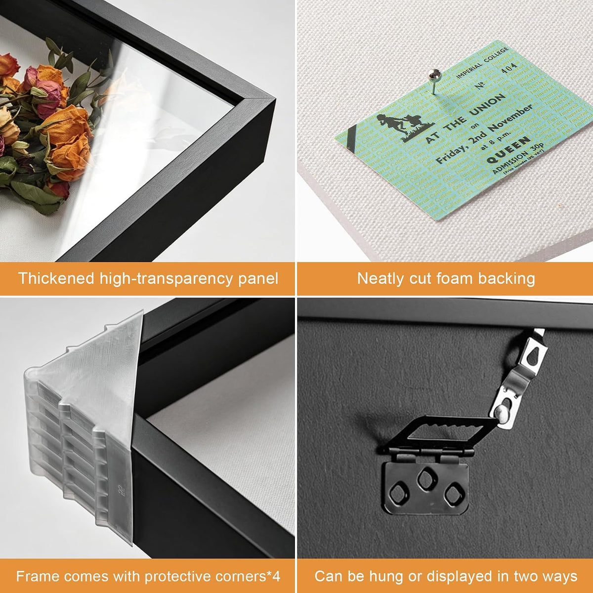16x20 Large Shadow Box Frame with Thickened Acrylic Panel & Pins | With Push Pins, Deep 1.7" Black Shadow Box Display