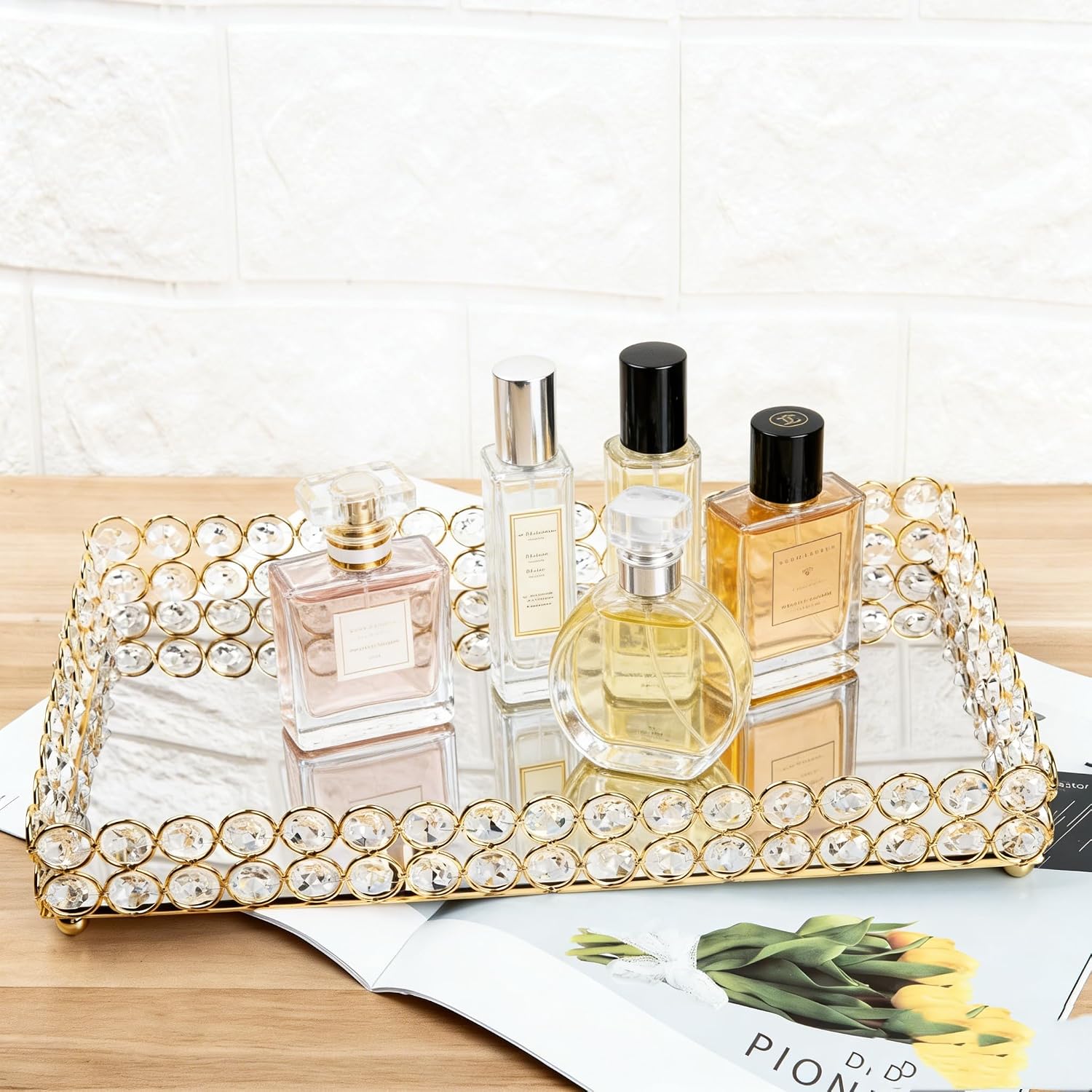 Crystal Perfume Fragrance Tray Cosmetic Makeup Vanity Tray Jewelry Trinket Ring Earring / Gold