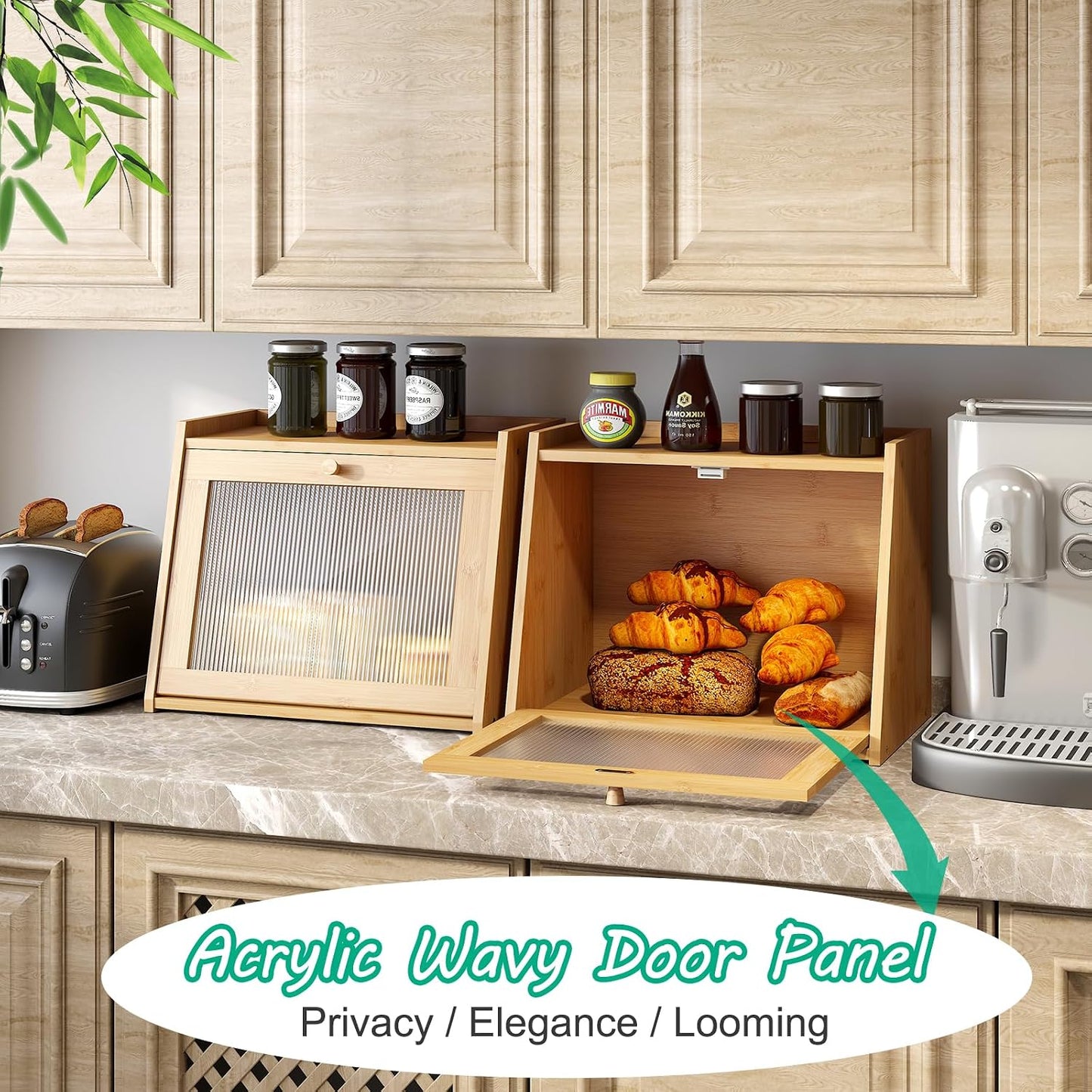 kiplant Large Bread Box for Kitchen Counter, Bamboo Bread Storage Container with Wavy Arcylic Transparent Door, Bamboo
